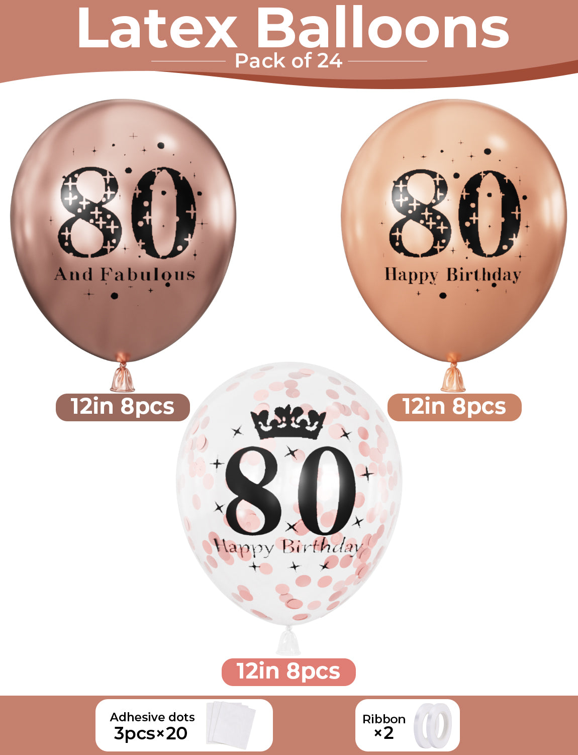 Adeyoo 80th Birthday Balloons for Women – 24 Pcs Metallic Rose Gold Balloon, Pearl Rose Gold Balloons, and Confetti Balloon for 80 Years Old Birthday or 1945 Anniversary Party Decorations