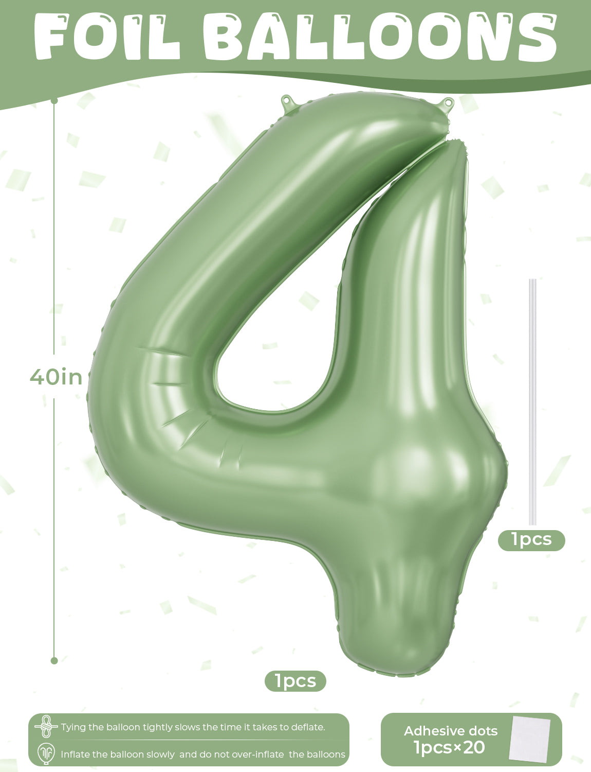 Adeyoo Number 4 Balloon Sage Green - 40Inch Number Balloons 0-9 Set, Large Self Inflating Digital 4 Helium Balloon for Birthday Baby Shower Jungle Safari Anniversary Party Decorations
