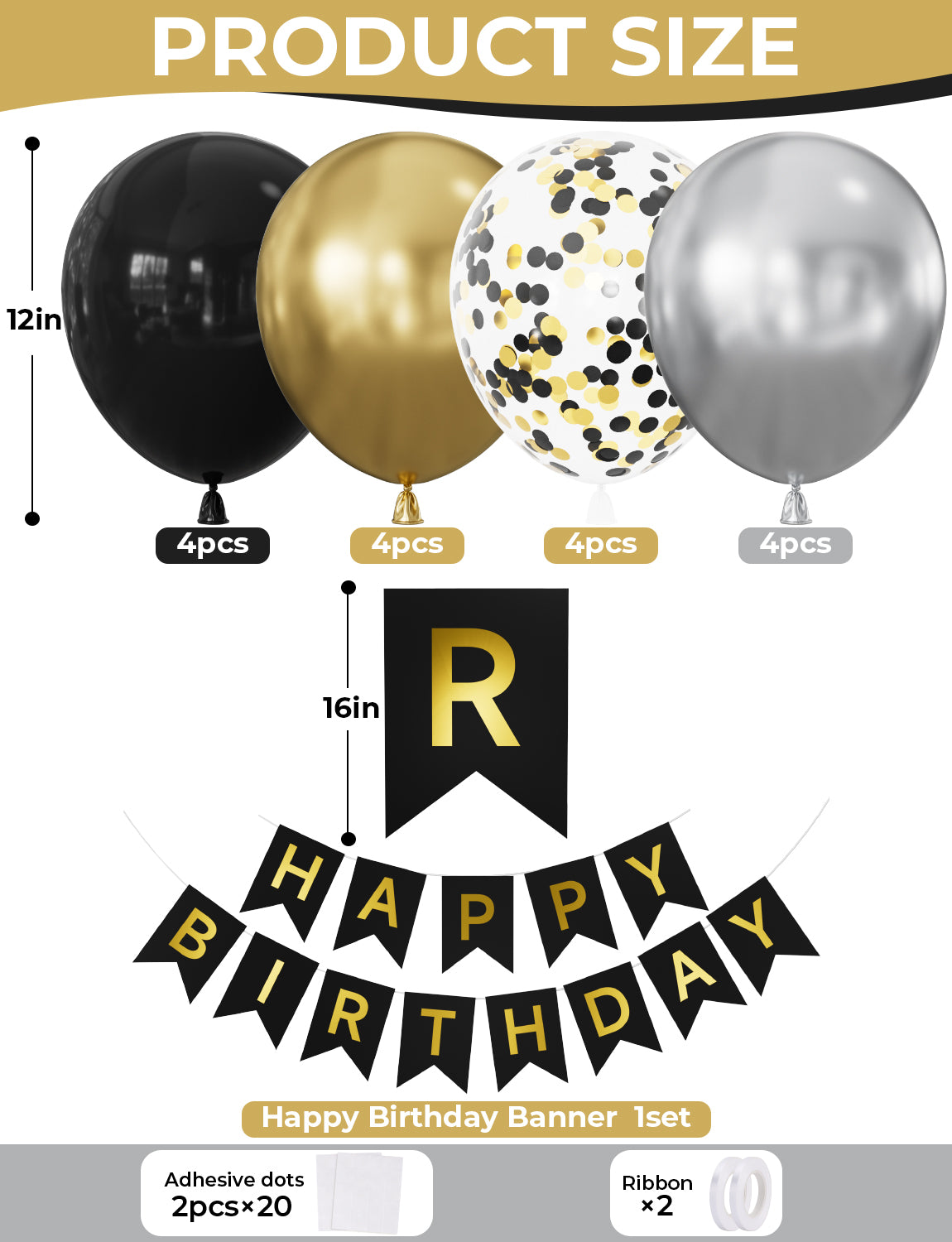 Black and Gold Happy Birthday Banner - Black and Gold Birthday Decorations with 12 Inch Latex Confetti Balloons Reusable Bunting Banner for Men Women Pet Happy Birth Party Decorations