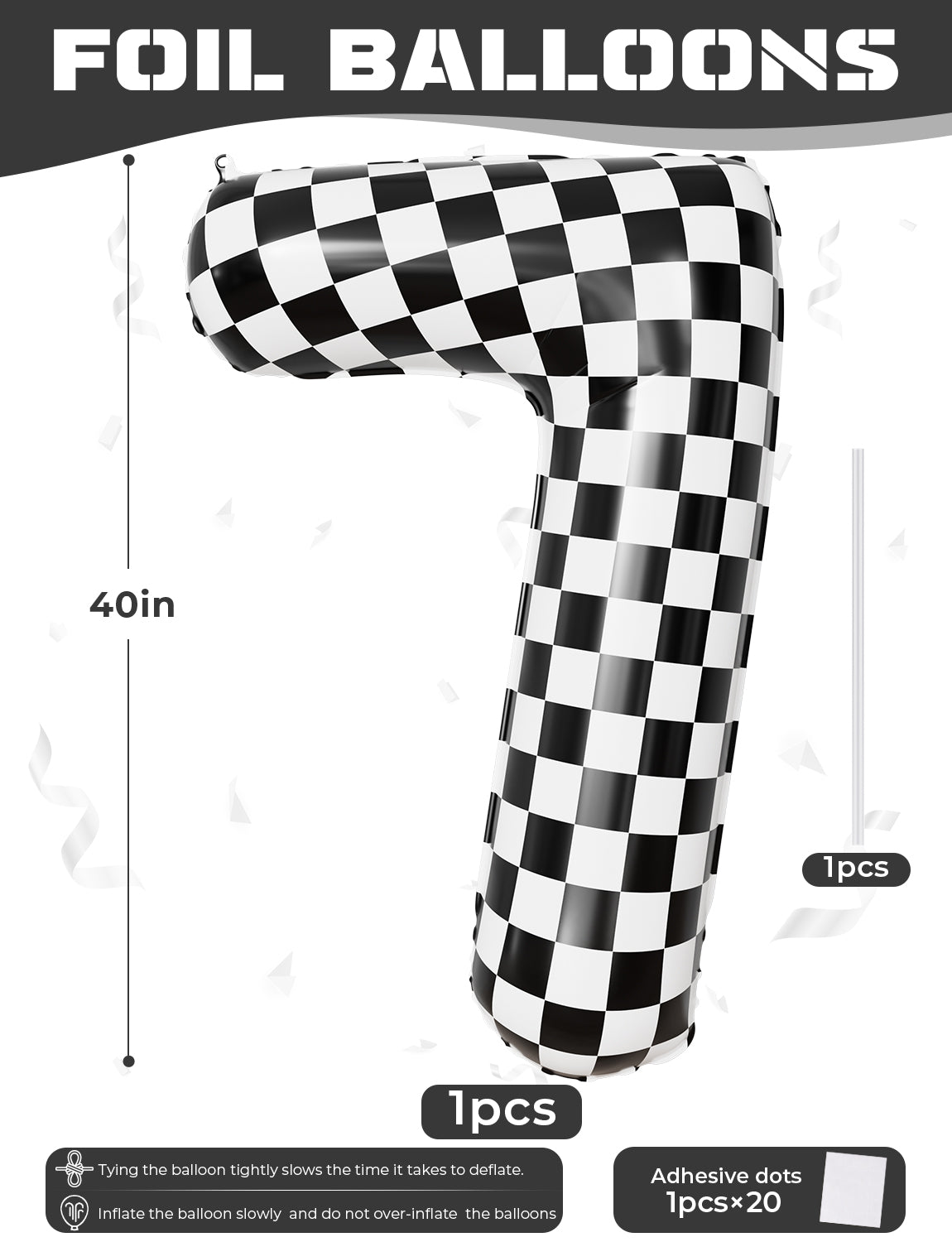 40 Inch Checkered Number 7 Balloon for Racing Birthday Decorations Large Number 7 Balloon, Black and White Foil Balloon for Birthday, Baby Shower, Race Car and Checkered Flag Party Decorations
