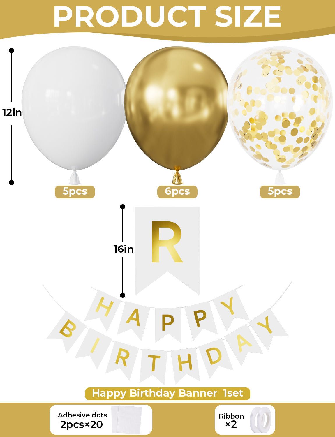 Gold Happy Birthday Banner - 12 Inch White and Gold Balloons with Reusable Happy Birthday Banner Glitter Party Decorations for Men Women Pet, Photo Shoot Supplies