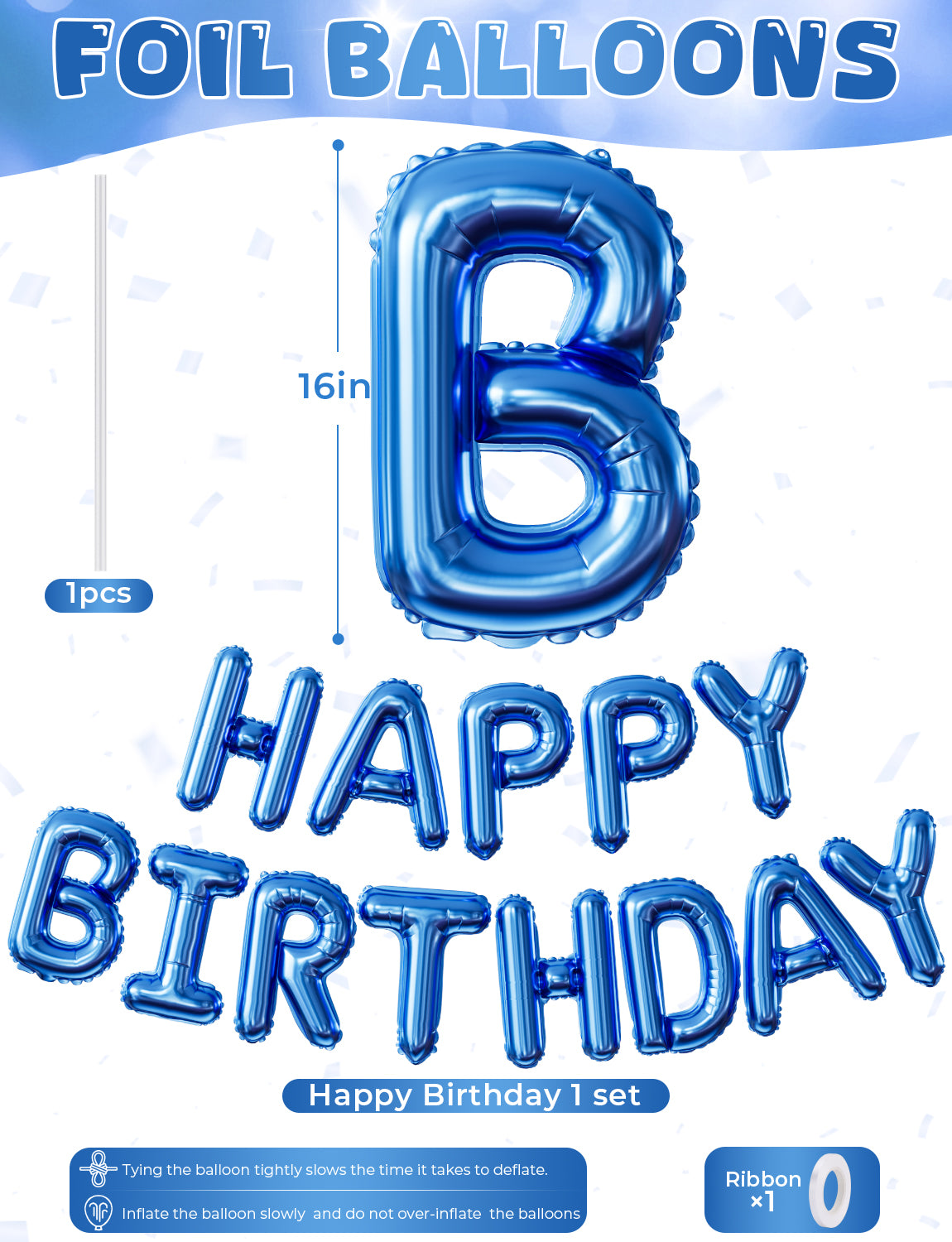 Adeyoo Happy Birthday Balloons Banner Blue- 16 Inch Blue Happy Birthday Foil Balloon Big Letter Balloons Reusable Self Inflating Balloon for Boys Men Girls Women Birth Party Decorations