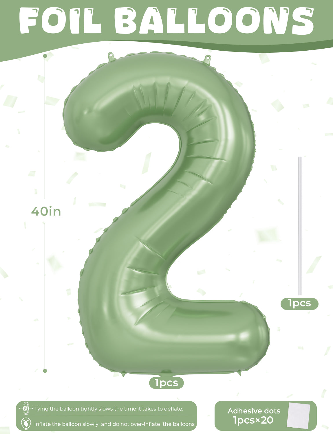 Adeyoo Sage Green Number 2 Balloon - 40 Inch Large Self Inflating Foil Digital 2 Balloon, Sage Green Number Balloons 0-9 for Birthday Baby Shower Jungle Safari Anniversary Party Decorations