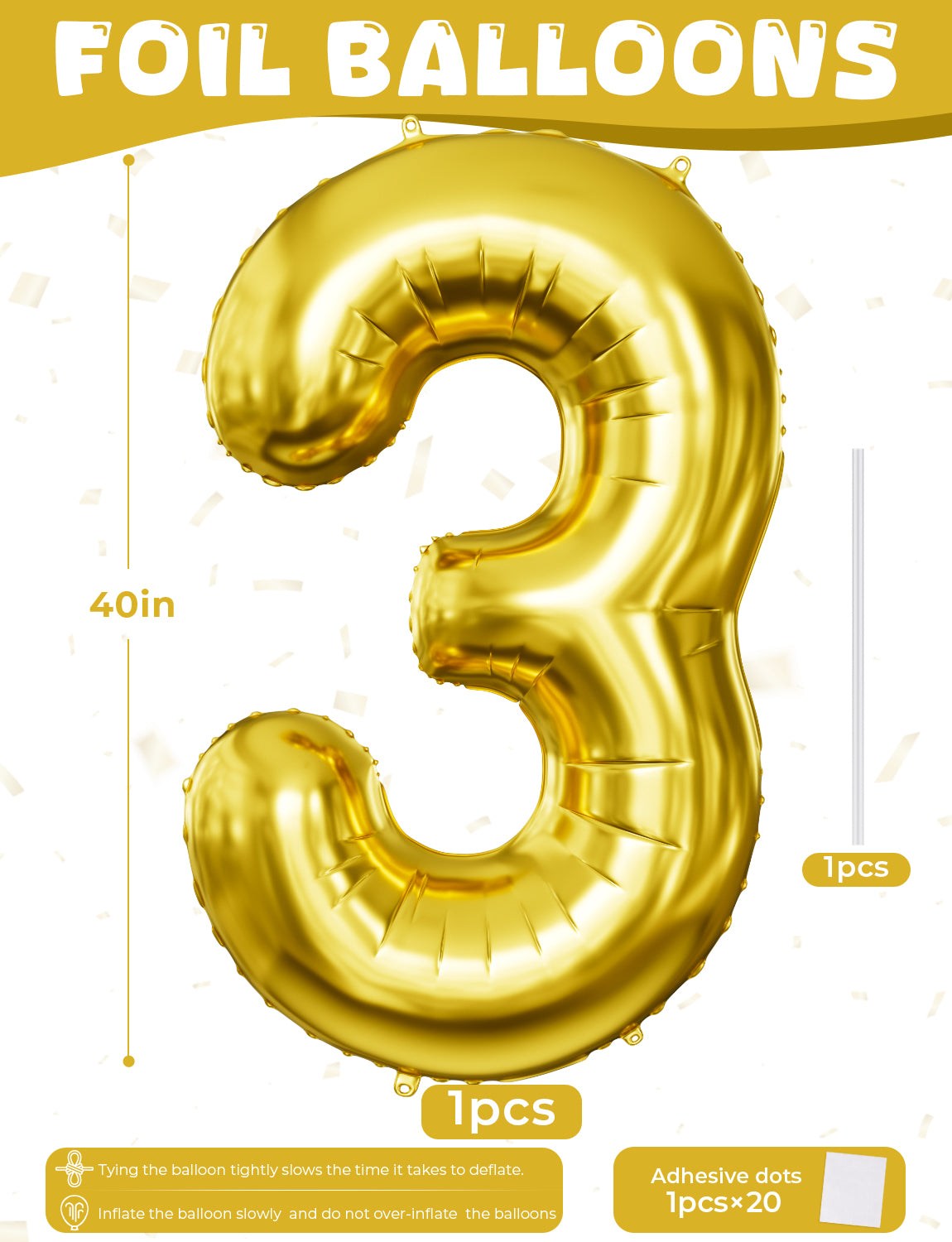 Gold Number 3 Balloon – 40 Inch Giant Foil Number Balloon, Gold Number Balloons for Men Women Boys Girls Birthday Graduation Anniversary Party Decorations