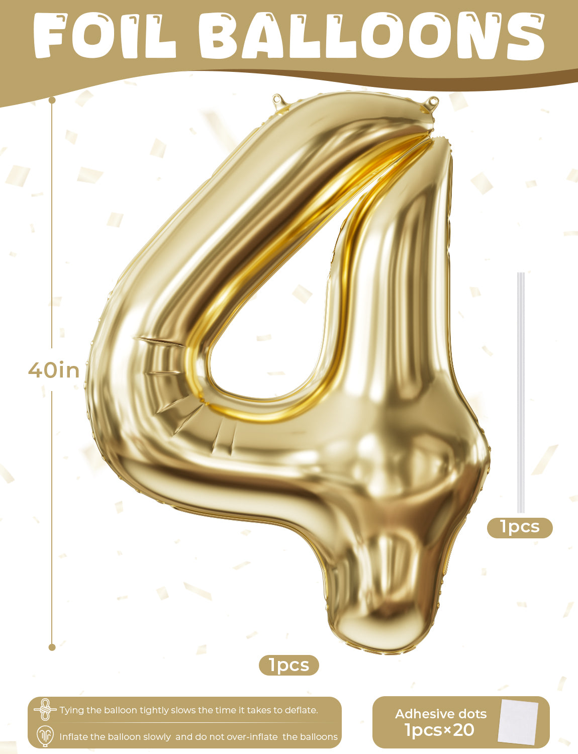 Adeyoo Number 4 Balloon Champagne Gold - 40Inch Number Balloons 0-9 Set, Large Self Inflating Digital 4 Helium Balloon for Girls Boys Birthday Anniversary Party Decorations