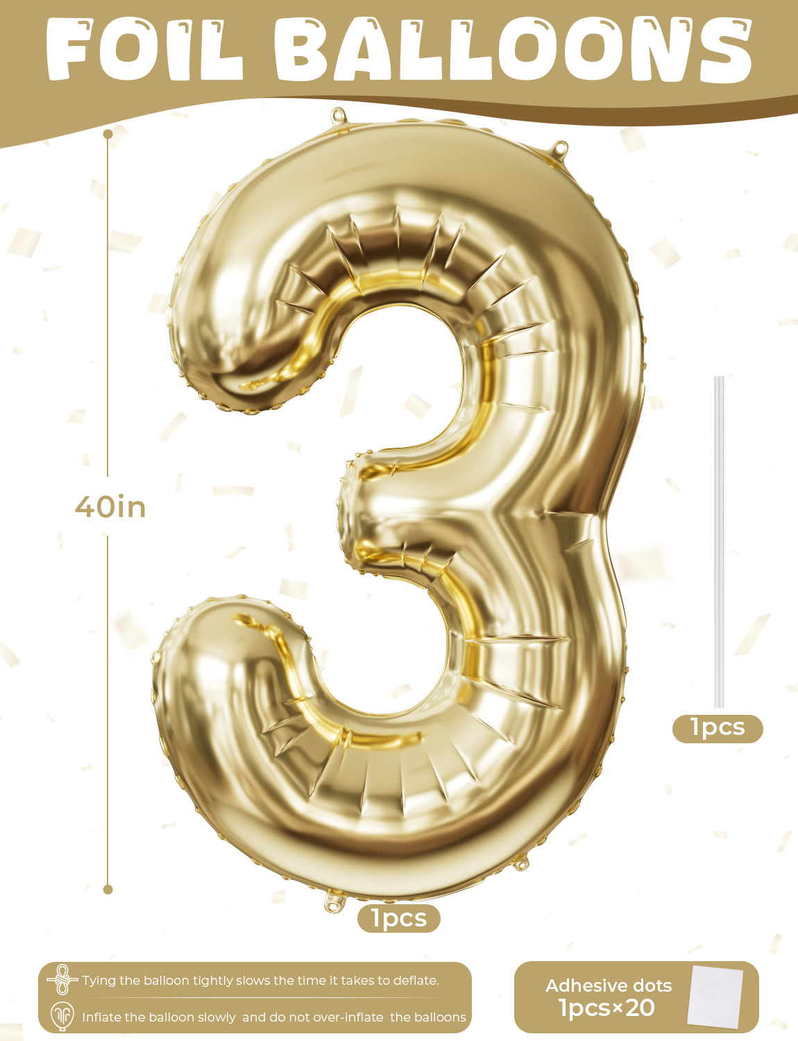 Adeyoo Gold Number 3 Balloon - 40 Inch 3rd Birthday Balloon for Boys Girls, Champagne Light Gold Number Balloons 0-9, Self Inflating Foil Balloons for Women Men Birthday Anniversary Party Decorations