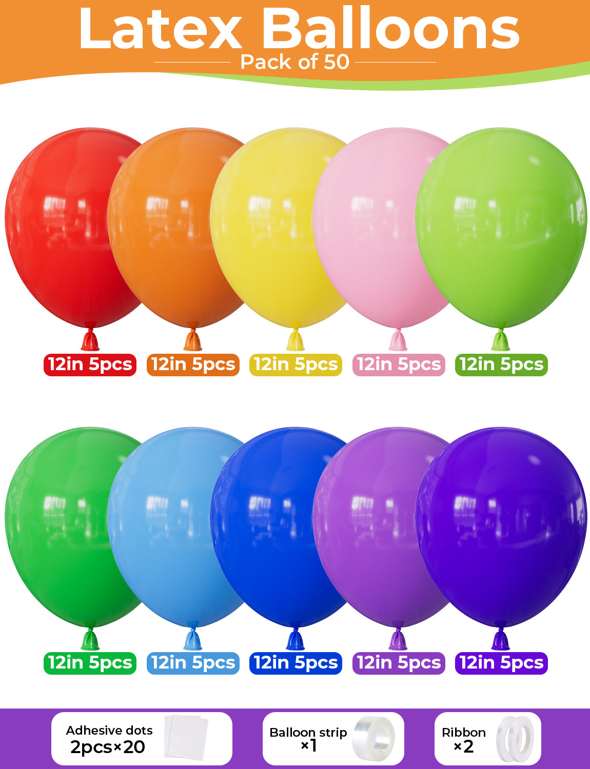 Assorted Rainbow Balloons - 12Inch Colourful Latex Balloon for Party 50Pcs Multicoloured Balloons in 10 Colours for Birthday Baby Shower Wedding Carnival Circus Rainbow Theme Party Decorations