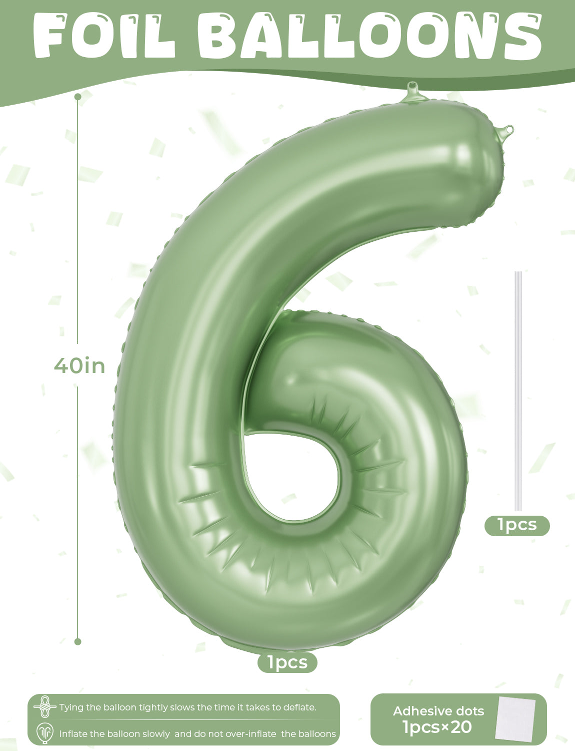 Adeyoo 40 Inch Large Number 6 Balloon - Sage Green Digital 6 Helium Balloon, Self Inflating Olive Green Foil Number Balloons 0-9 Set for Girls Boys 6th Birthday Safari Anniversary Party Decorations