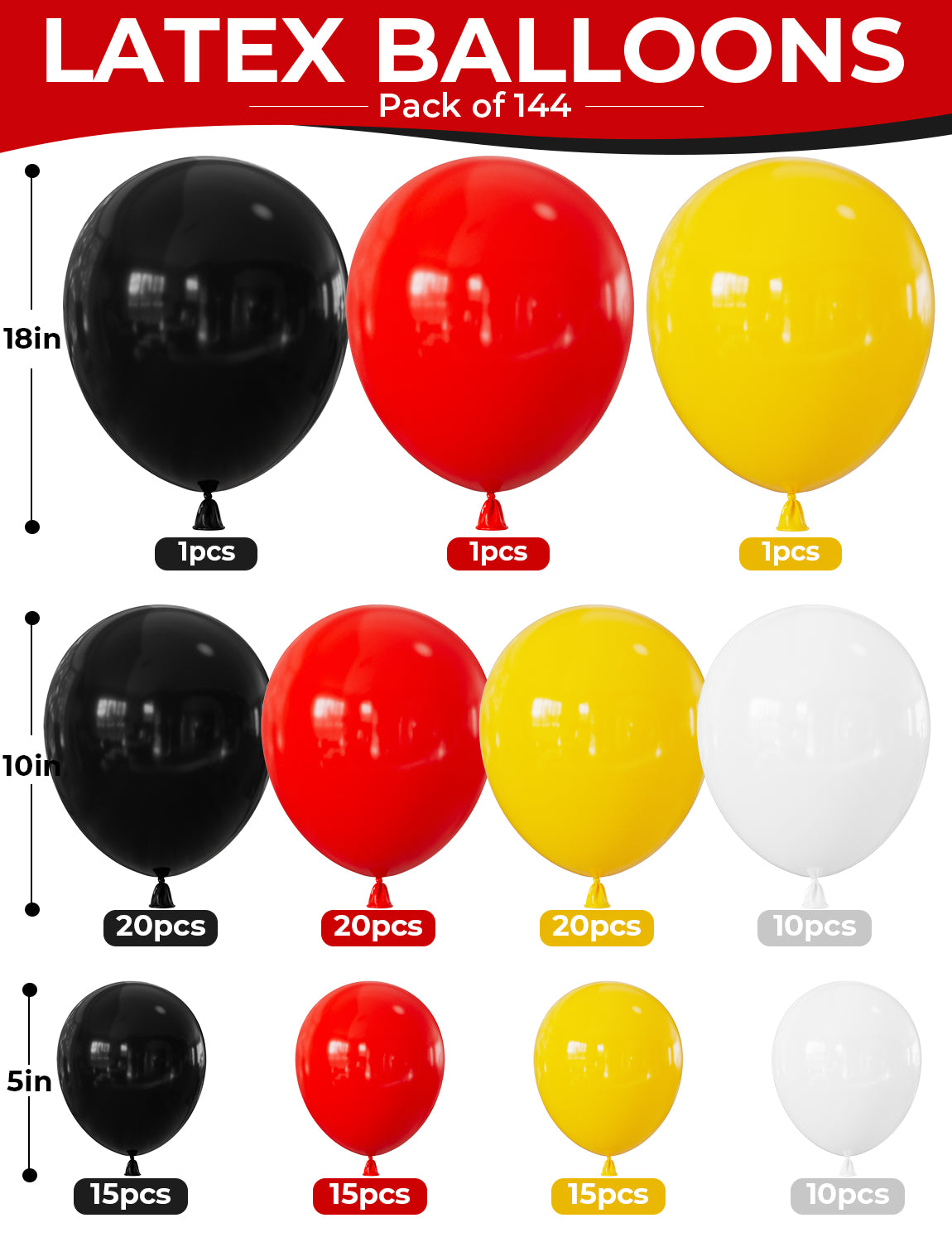 Red Black Yellow Balloon Garland Arch Kit for Birthday Party Decor 144 Pcs Different Size Latex Balloons, Polka Dots and star foil Balloon for Cartoon Mouse Theme Baby Shower Anniversary Party