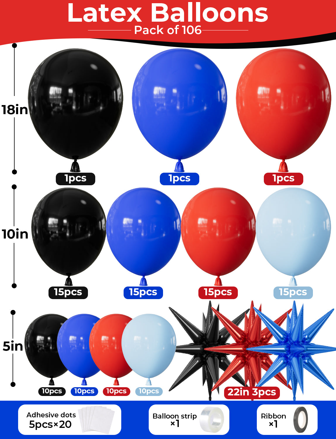 Adeyoo Red Blue Black Balloon Arch Garland Kit - Royal Blue Black Red Balloons Arch with Explosion Star Foil Balloons for Halloween Birthday Baby Shower Wedding Anniversary Party Decorations