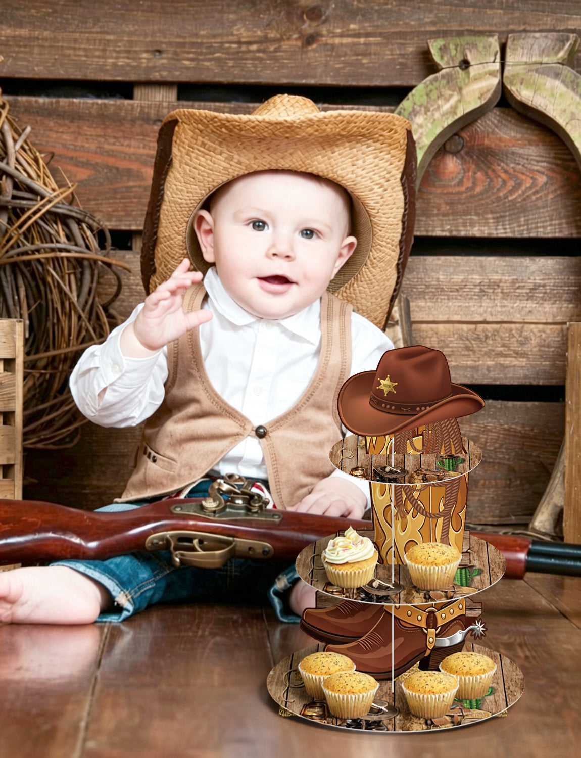 3 Tier Western Cowboy Cupcake Stand for Wild West Party Decorations Western Cupcake Holder, Cardboard Cupcake Stand for Dessert Table Display, Cowboy Birthday Baby Shower Party Decorations
