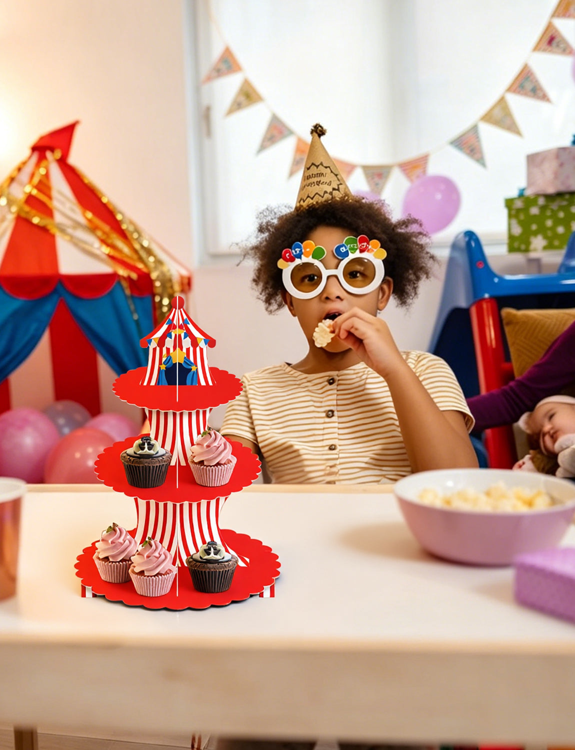 3 Tier Circus Carnival Cupcake Stand, Circus Tent Cupcake Holder Red and White Striped Cardboard Cupcake Stand, Carnival Decorations for Birthday Baby Shower Circus Party Decorations