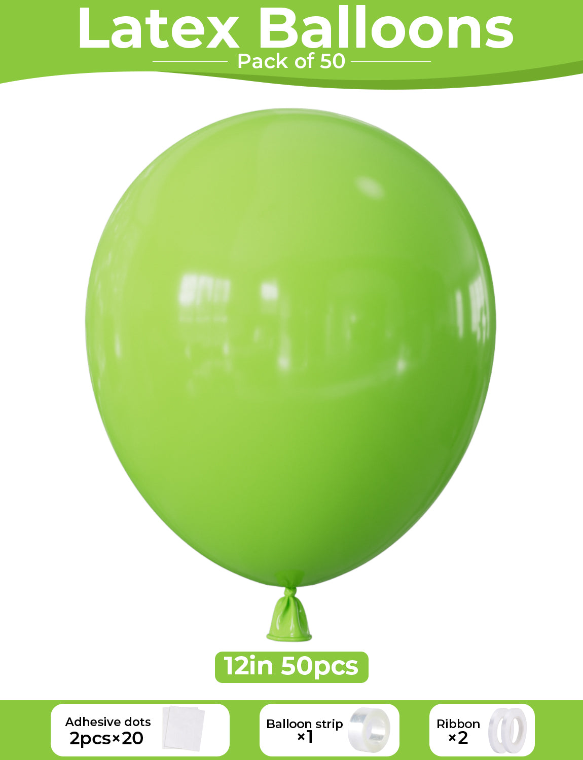 Adeyoo Lime Green Balloons - 50 Pcs Light Green Latex Balloons 12 Inch Round Balloon with Ribbons, Strong Thicken Party Balloon for Birthday St. Patrick's Day Jungle Safari Theme Party Decorations