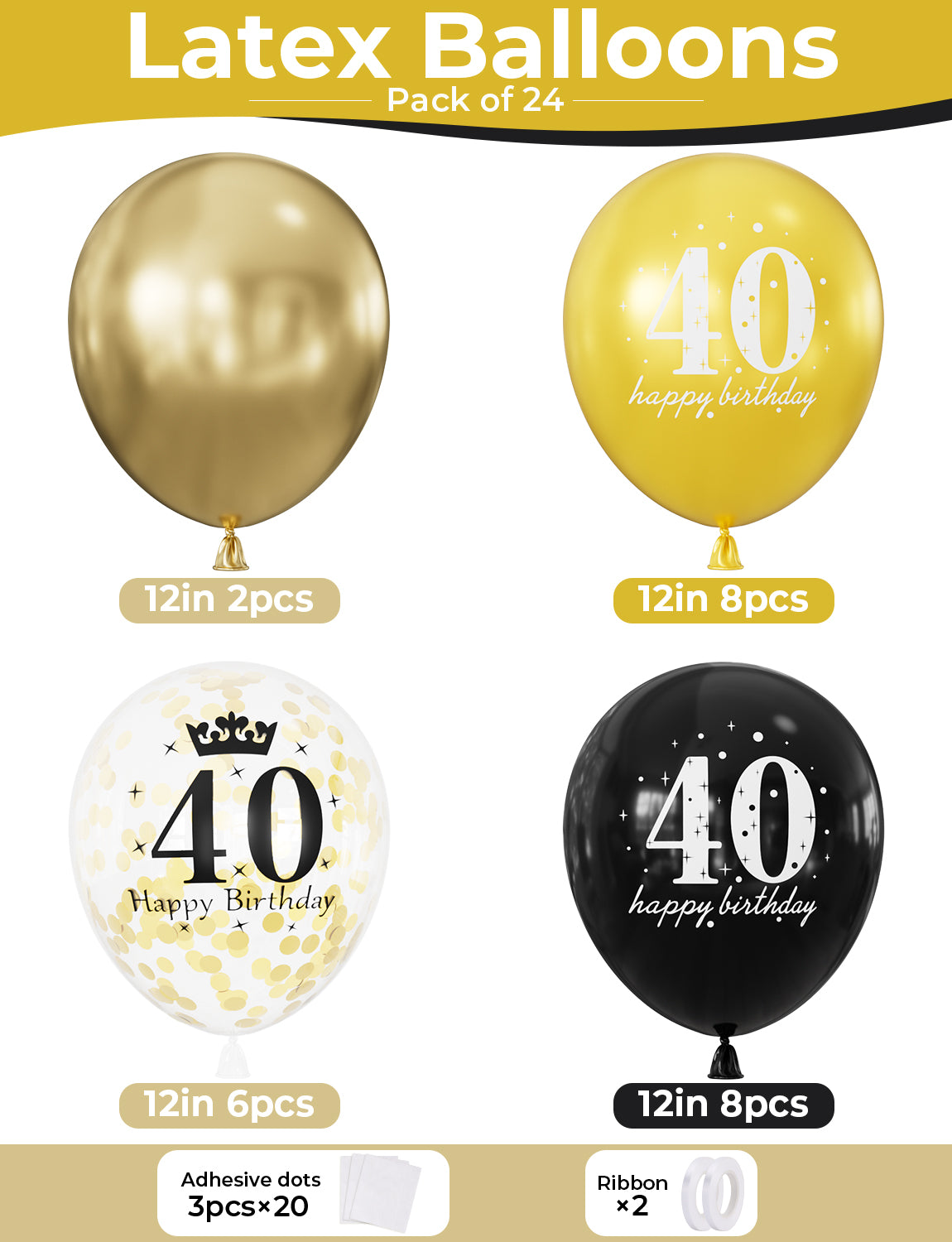 40th Birthday Balloons, 24 Pcs Black Gold Balloons for Men & Women 12 Inch Black and Gold Birthday Balloons, Gold Confetti Latex Balloons, 40th Birthday Decorations for Him & Her