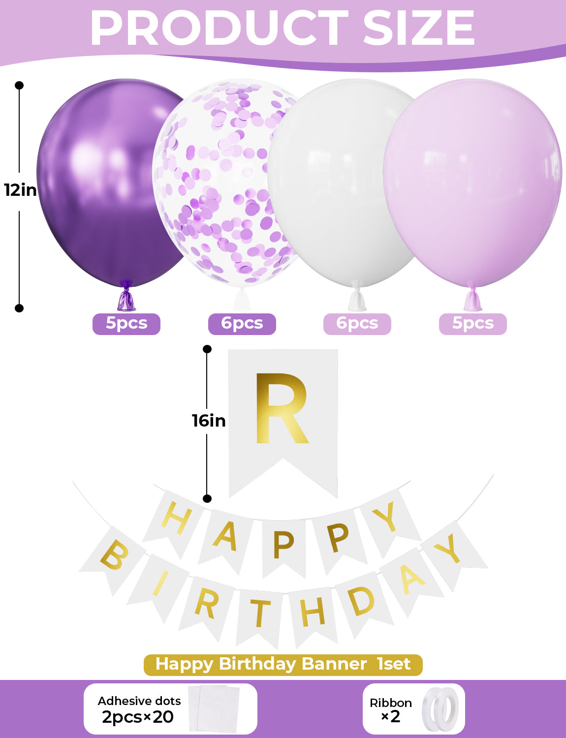 Purple Happy Birthday Banner - Purple Birthday Decorations with 12 Inch Lilac and White Latex Confetti Balloons Reusable Bunting Banner for Girls Women Pet Happy Birth Party Decorations
