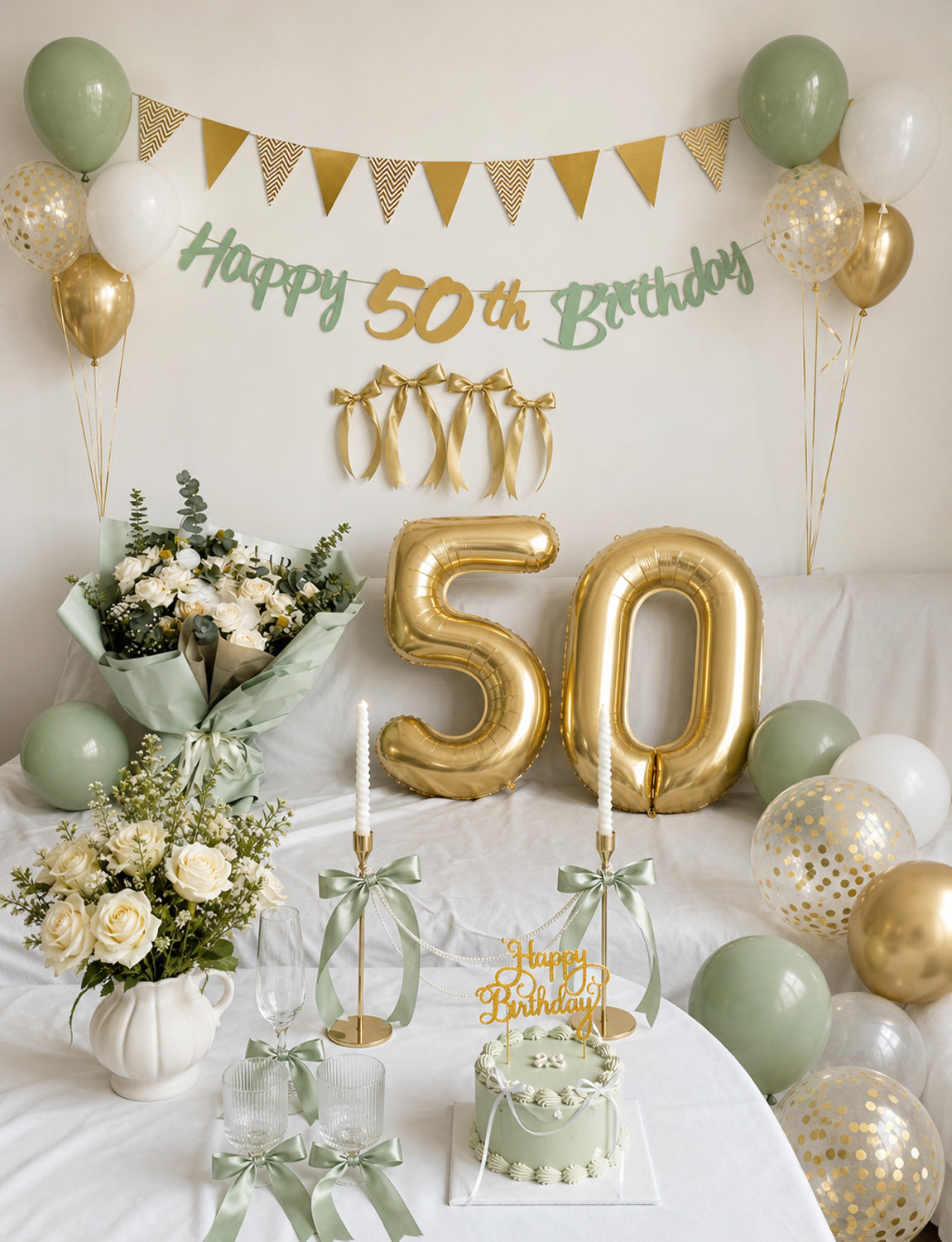 50th Birthday Decorations with 50th Birthday Banner for Women Men Sage Green Gold White Balloons, Number 50 Foil Balloon, Gold Bunting, Cake Topper for 50th Anniversary Birthday Party Decor
