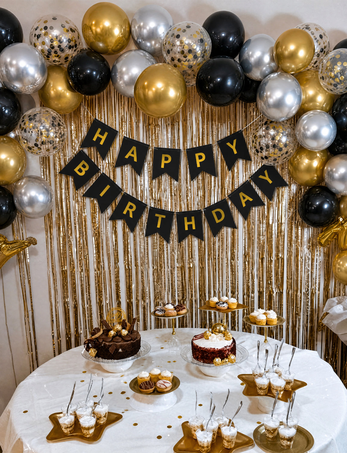 Black and Gold Happy Birthday Banner - Black and Gold Birthday Decorations with 12 Inch Latex Confetti Balloons Reusable Bunting Banner for Men Women Pet Happy Birth Party Decorations