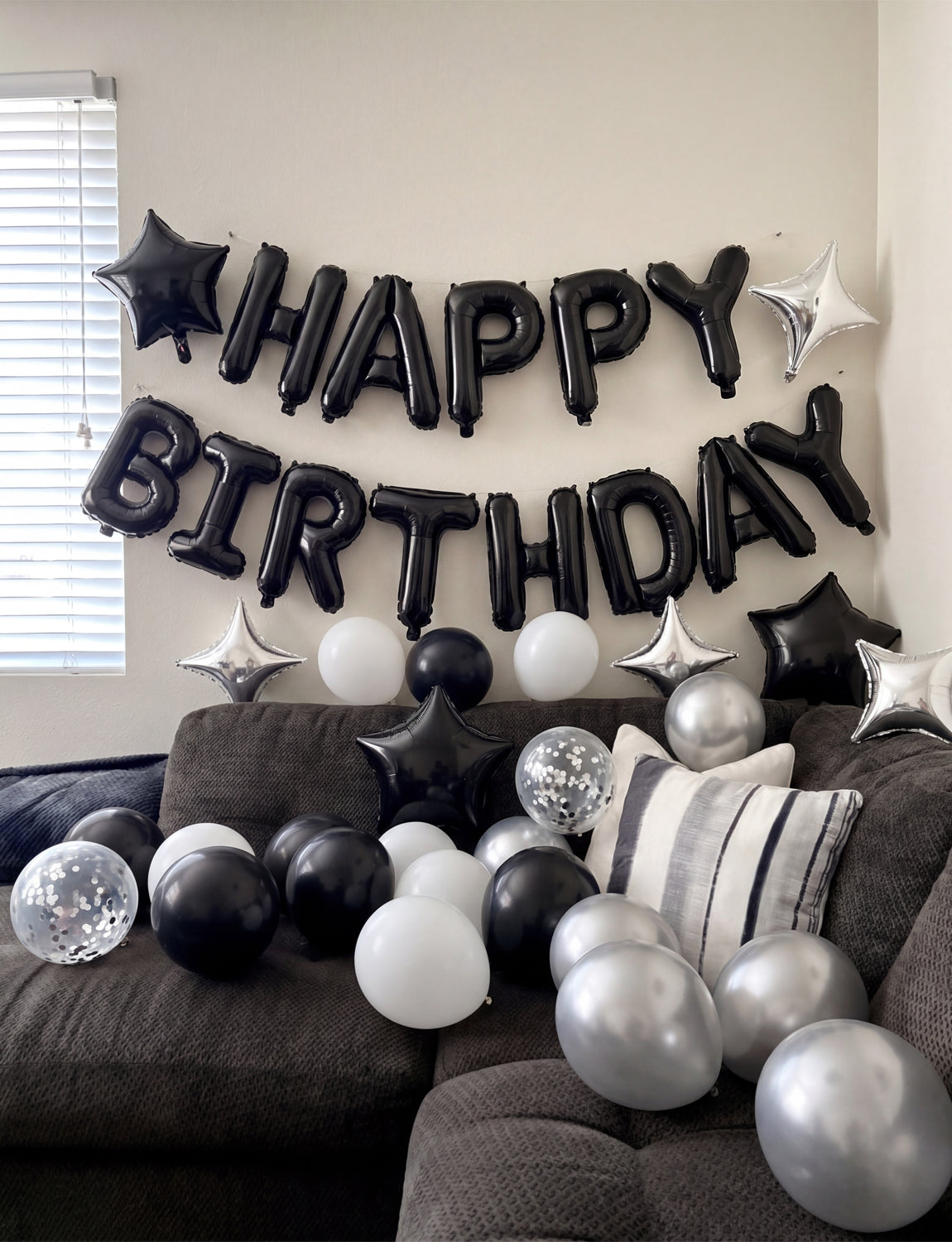 Black Happy Birthday Balloons - Happy Birthday Banner Balloons with Black White Silver Latex Confetti Balloon, Star Foil Balloon for Men Boys Birthdays Party Decorations, Photo Shoot Supplies
