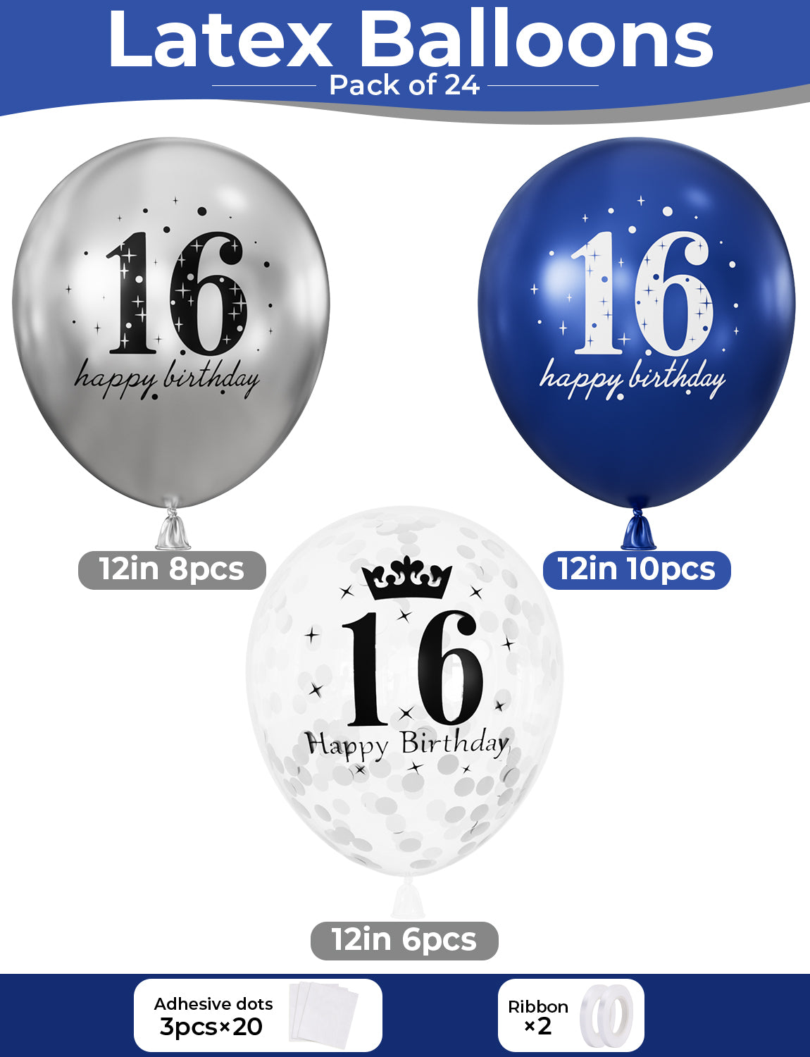 16th Birthday Balloons - 24Pcs Blue and Silver Balloons for birthday 12 Inch Happy Birthday Balloons, Navy Blue and Silver Confetti Balloons for Boys & Girls, 16th Birthday Party Decorations