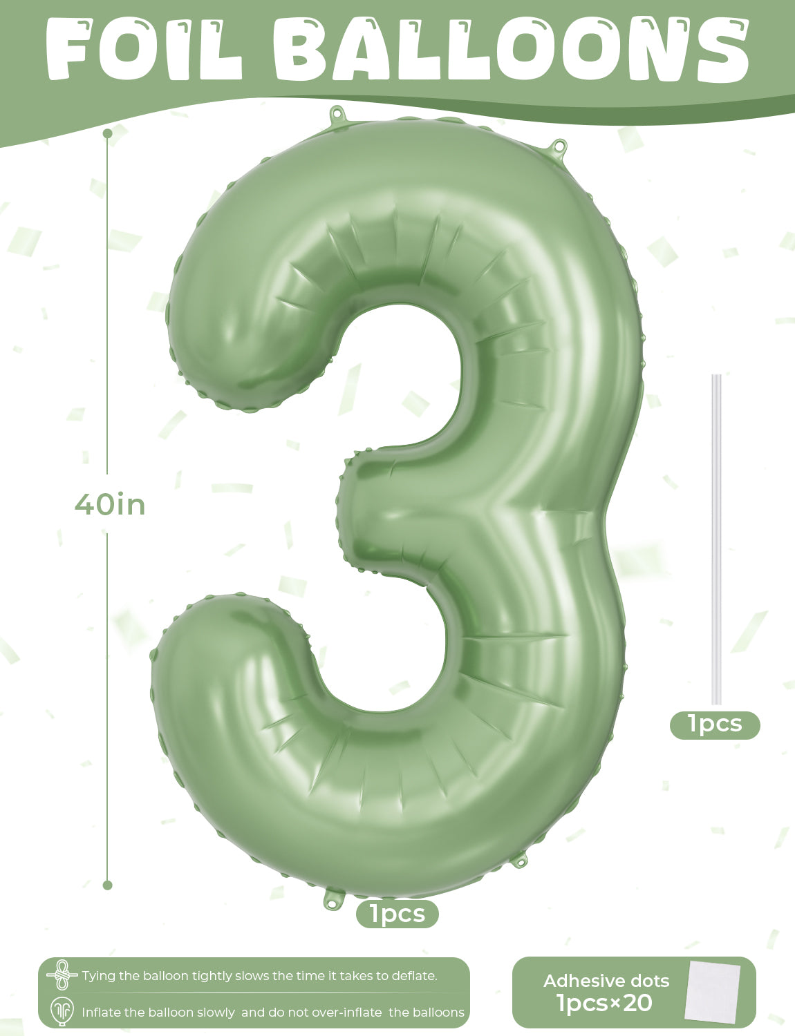 Adeyoo Green Number 3 Balloon - 40 Inch 3rd Birthday Balloon for Boys Girls, Sage Green Number Balloons 0-9, Self Inflating Foil Balloons for Women Men Birthday Jungle Anniversary Party Decorations