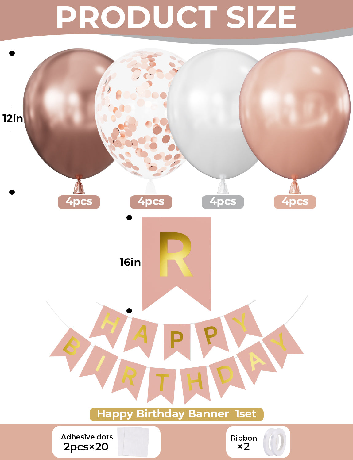 Rose Gold Birthday Decorations - Happy Birthday Banners with 12 Inch Rose Gold Latex Confetti Balloons Reusable Bunting Banner for Girls Women Pet Happy Birth Party Decorations