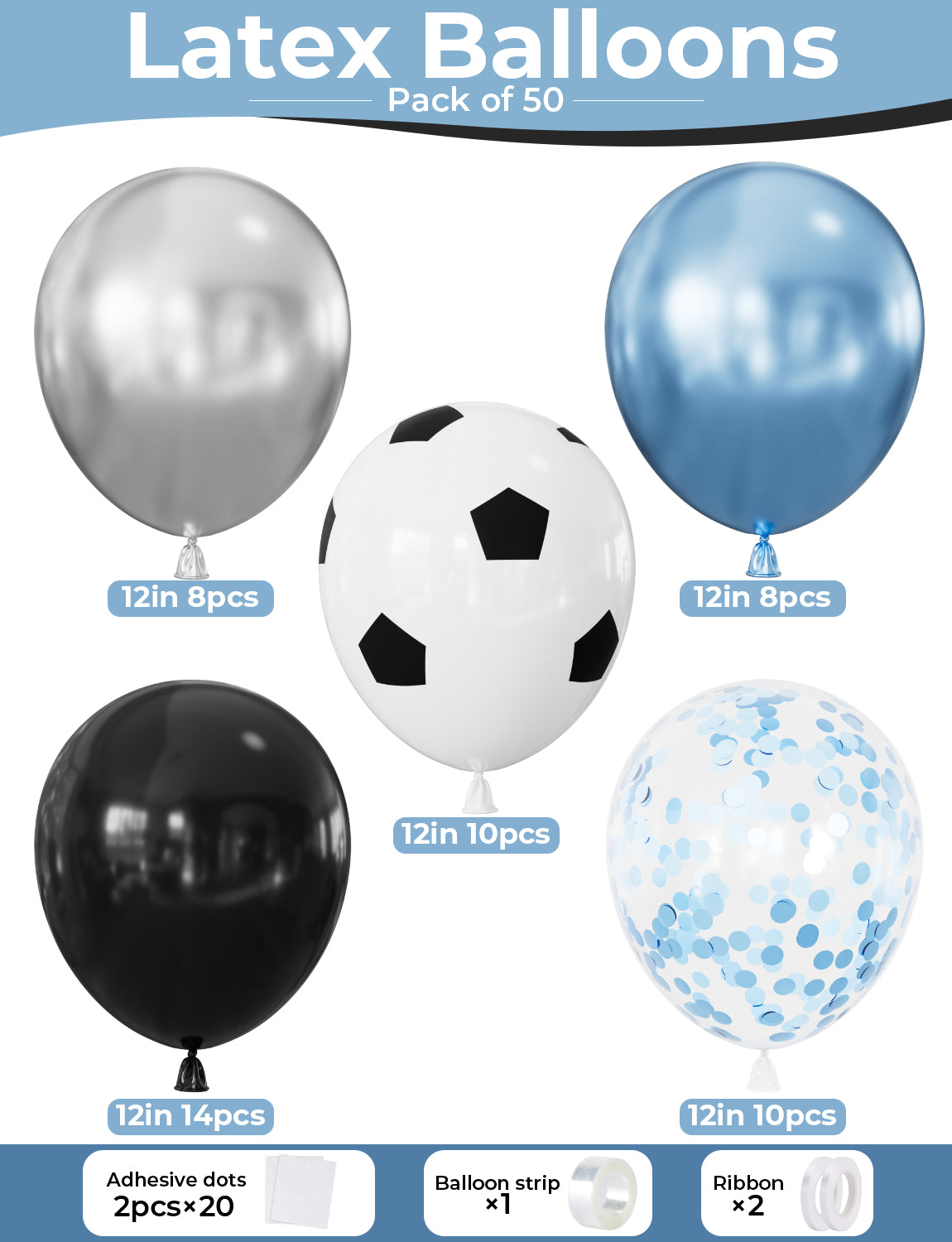 Football Balloons - 50 Pcs 12 Inch Black Blue Silver Balloons with Football Print Balloon Metallic Blue and Silver Confetti Latex Balloon for Soccer Sport Theme Birthday Party Decorations