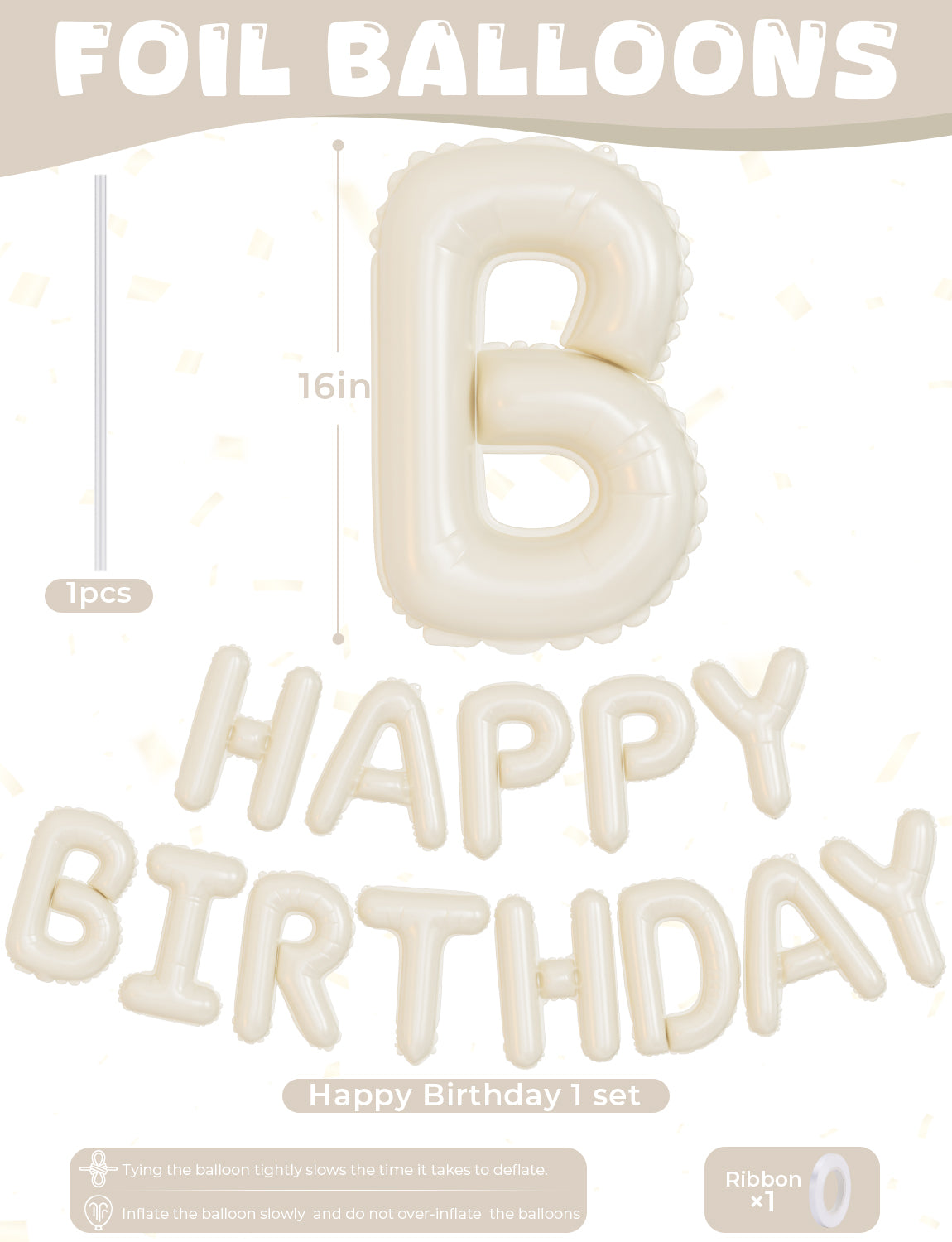 Adeyoo Cream Happy Birthday Balloons Banner - 16 Inch Cream Beige Neutral Foil Balloon Big Sand White Letter Balloons, Self Inflating Balloon for Girls Women Boys Men Birthday Party Decorations