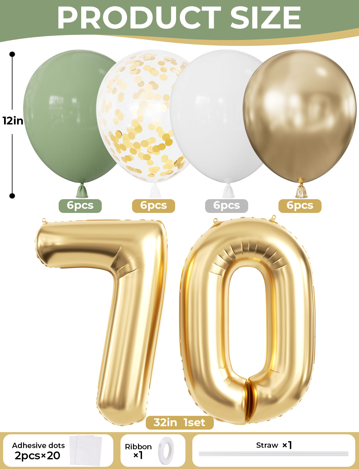 70th Birthday Decorations with 70th Birthday Banner for Women Men Sage Green Gold White Balloons, Number 70 Foil Balloon, Gold Bunting, Cake Topper for 50th Anniversary Birthday Party Decor