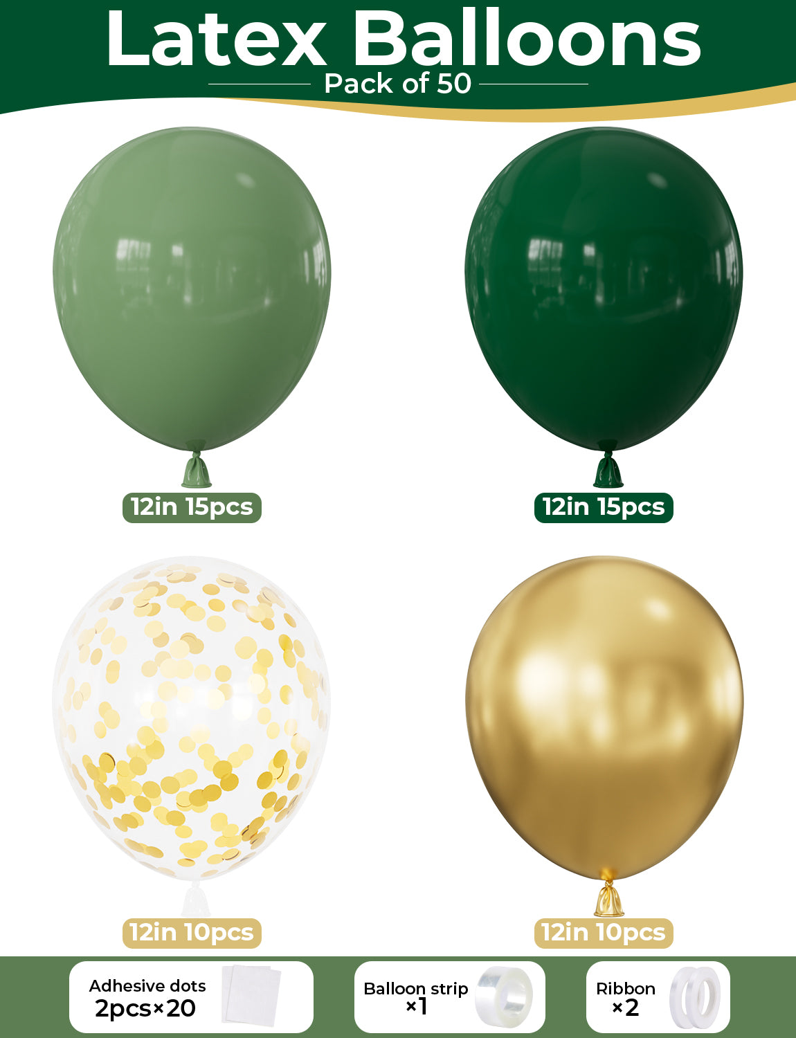Green and Gold Balloons, 50 Pcs 12 Inch Sage Green and Gold Balloons Sage Green Gold Latex Balloons, Confetti Balloons for Jungle Theme Birthday Christmas Baby Shower Wedding Party Decorations