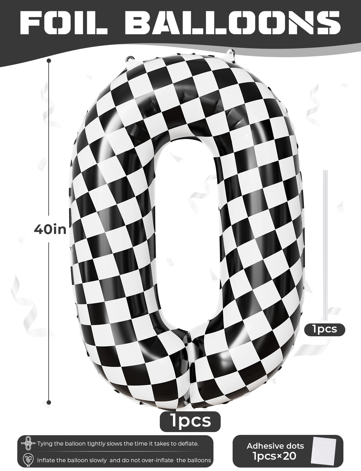 40 Inch Checkered Number 0 Balloon for Racing Birthday Decorations Large Number 0 Balloon, Black and White Foil Balloon for Birthday, Race Car and Checkered Flag Party Decorations