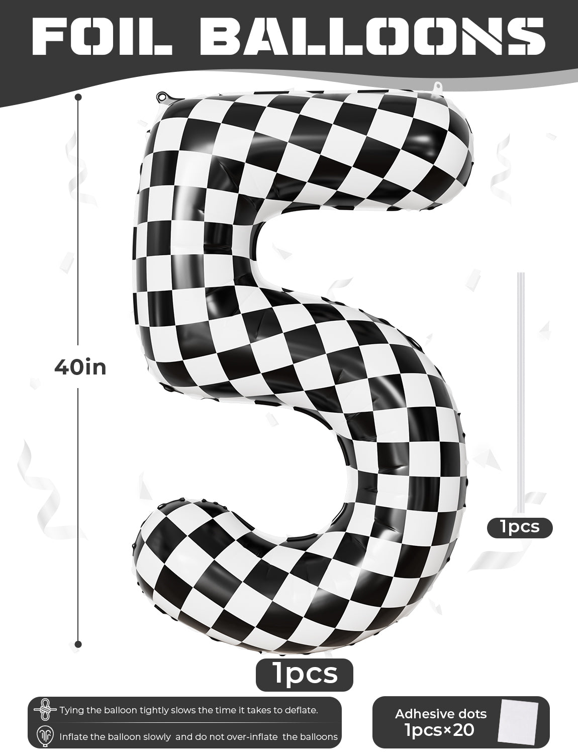 40 Inch Checkered Number 5 Balloon for Racing Birthday Decorations Large Number 5 Balloon, Black and White Foil Balloon for Birthday, Baby Shower, Race Car and Checkered Flag Party Decorations