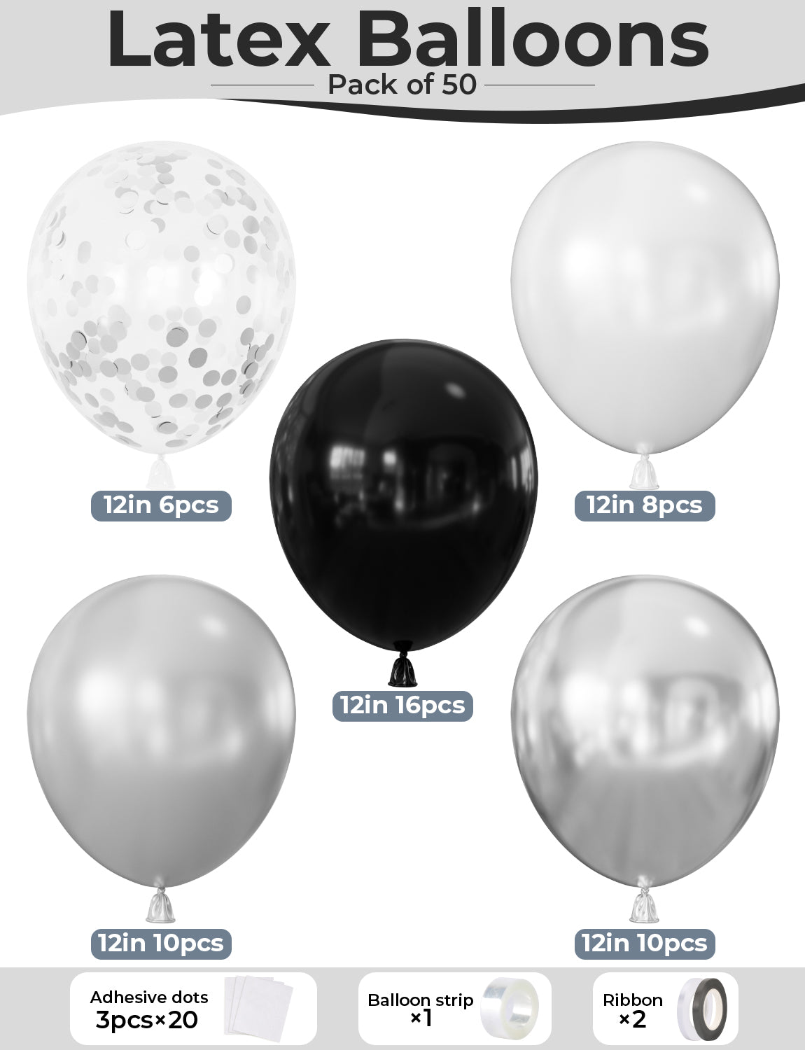 Black and Silver Balloons, 50Pcs Black White and Silver Balloons Glitter Confetti Latex Balloon for Birthday, Wedding, Anniversary & Graduation Party Decorations, 12 Inch