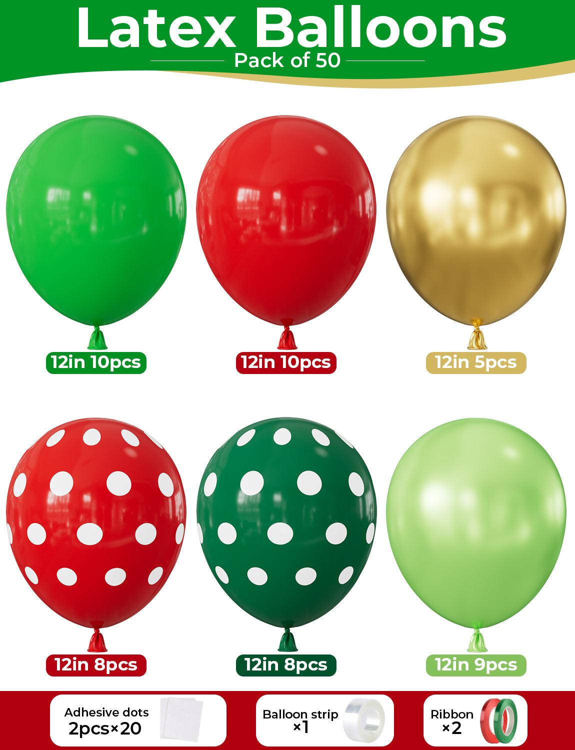 Christmas Balloons - Red Green Gold Polka Dot Balloons for Christmas 50 Pcs 12 Inch Christmas Balloons, Red Green Gold Balloons with Polka Dot Balloon for Xmas Christmas Party Decorations