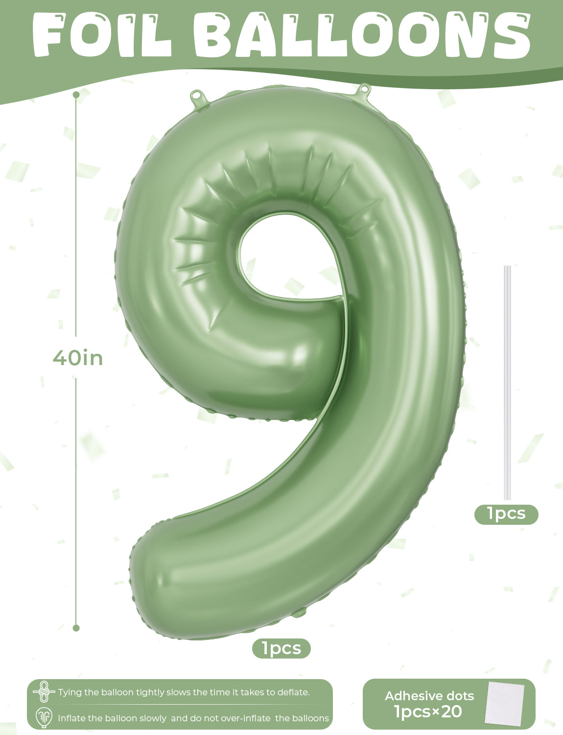 Adeyoo Green Number 9 Balloon - 40" Large Sage Green Digital 9 Balloon for Boys Girls 9th Birthday, Self Inflating Number Balloons 0-9 for Women Men Birthday Safari Anniversary Party Decorations