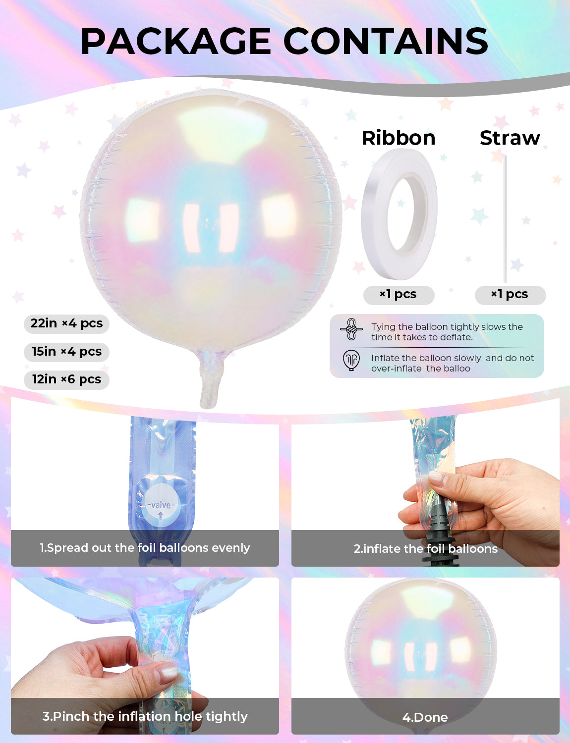 Iridescent Round Foil Balloons, 22" 15" 10" 4D Bubble Clear Balloons 14 Pcs Giant Holographic Party Balloons, Different Sizes Foil Balloons for Birthday Wedding Mermaid Rainbow Party Decorations