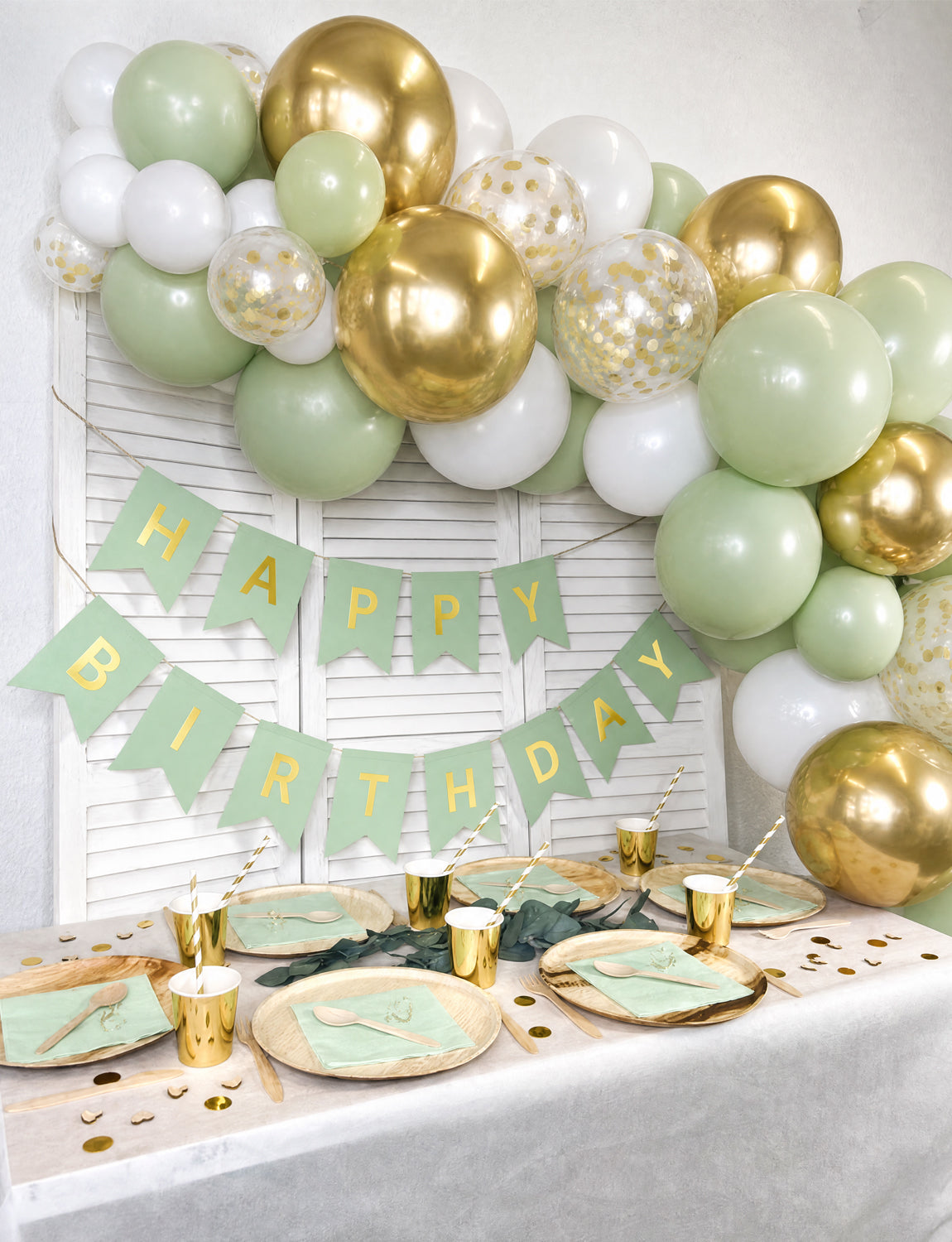 Green and Gold Happy Birthday Banner - Green Party Decorations with 12 Inch White and Gold Happy Birthday balloons Reusable Bunting Banner for Men Women Pet Happy Birth Party Decorations