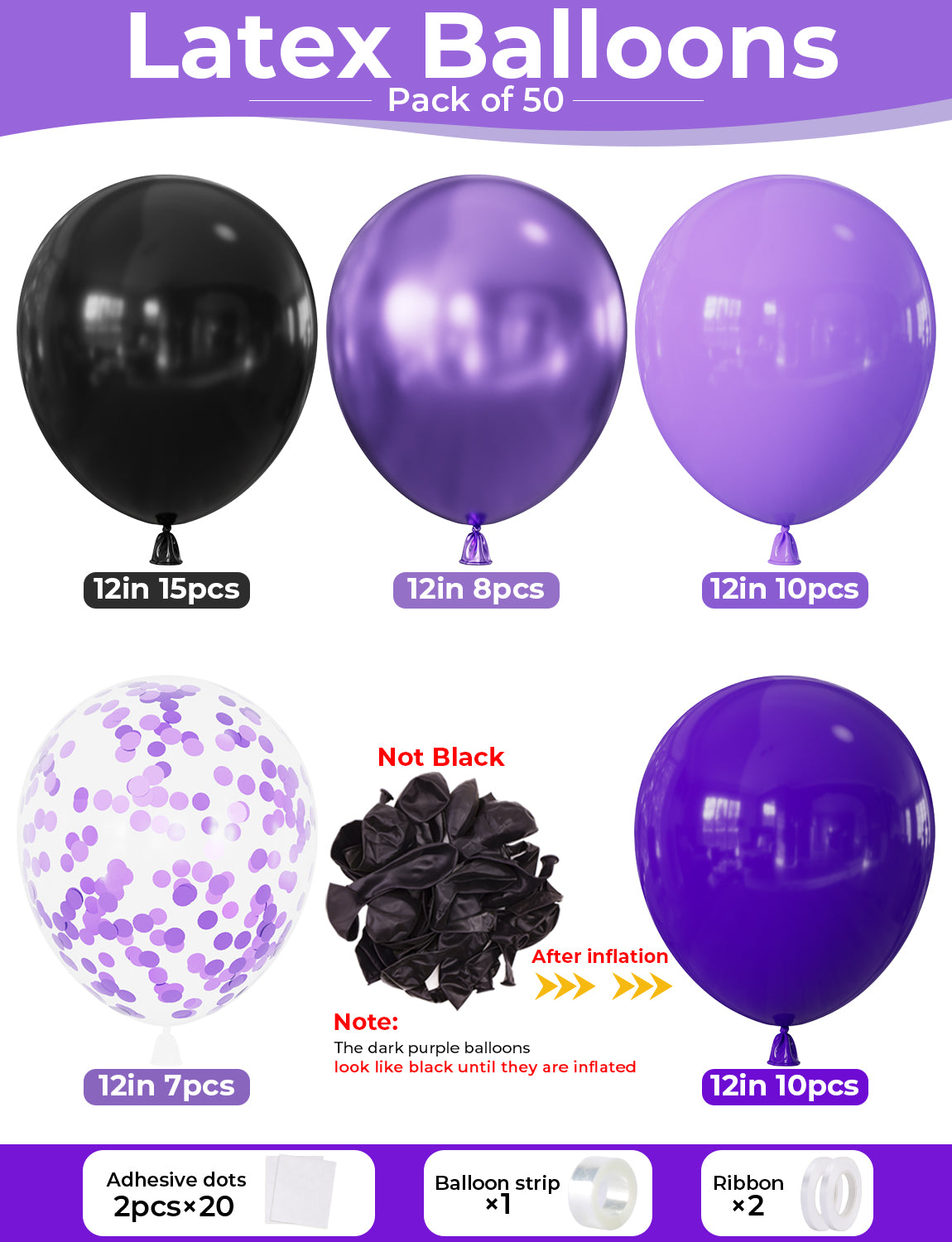 Purple and Black Balloons, 50 Pcs Mixed Purple Latex Balloon,12 Inch Purple Confetti Balloons, Metallic Purple Balloons for Women Birthday Halloween Baby Shower Bridal Wedding Party Decorations