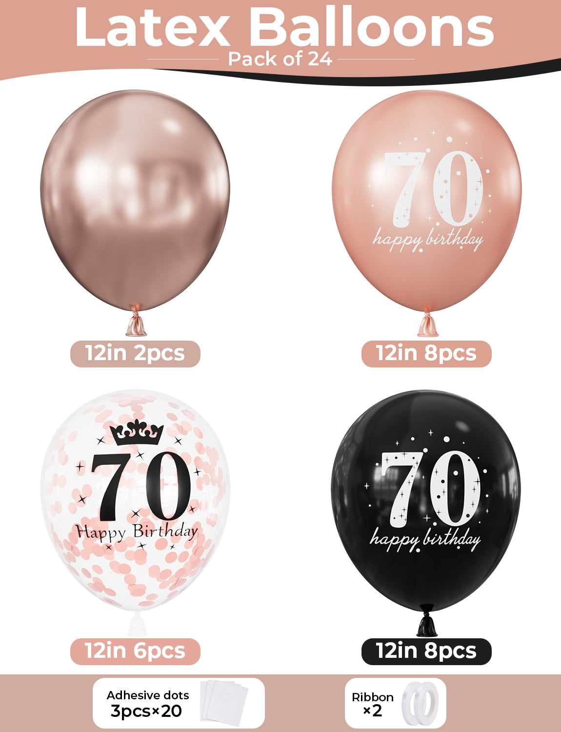 70th Birthday Balloons, Rose Gold and Black Balloons for Party Decor 24 Pcs 12 Inch Happy Birthday Balloons, Metallic and Pearl Rose Gold Balloons with Confetti, 70th Birthday Party Decorations
