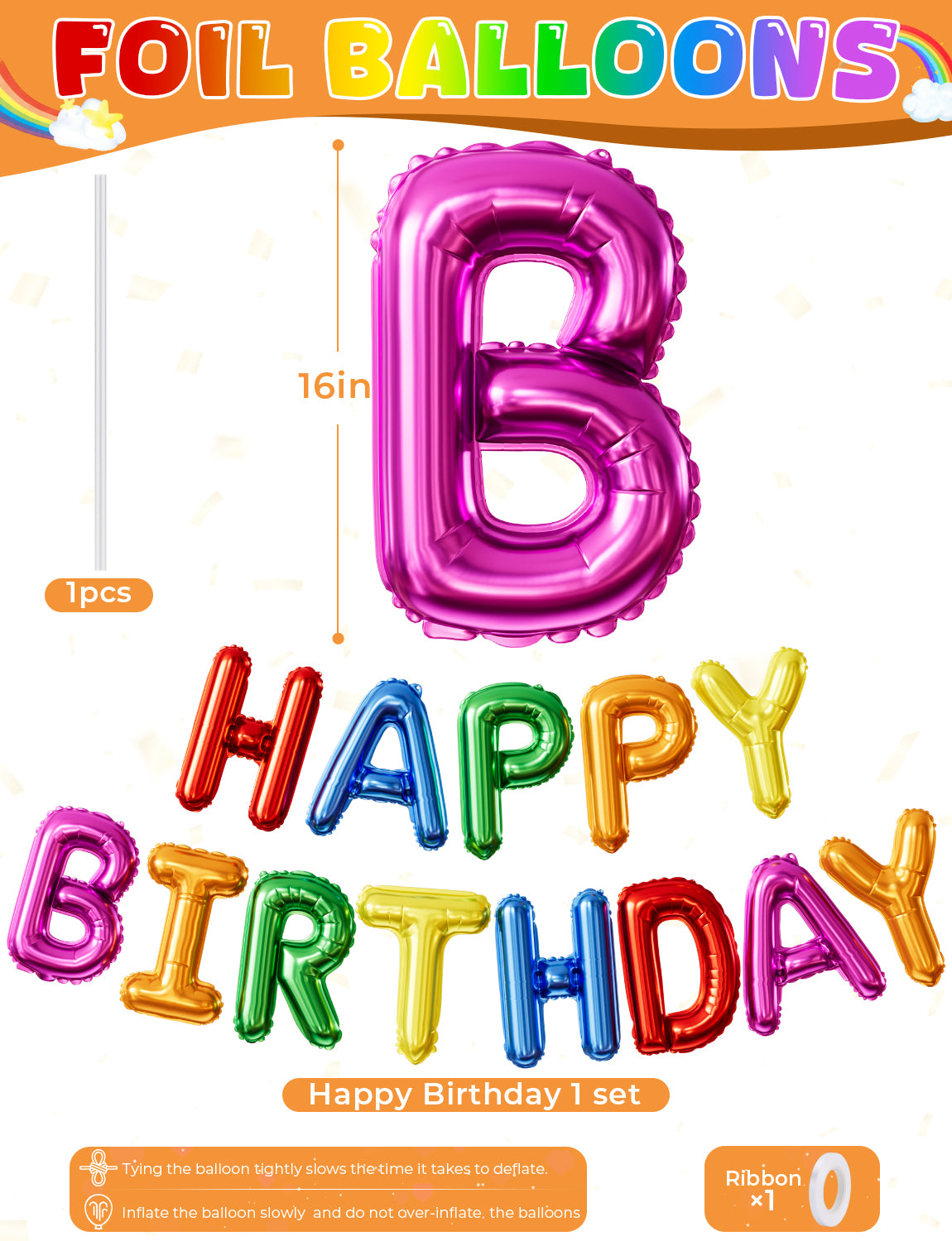 Adeyoo Happy Birthday Balloons Banner - 16 Inch Rainbow Happy Birthday Balloons Colourful Self Inflating Big Letter Balloon, Rainbow Party Decorations for Boys Girls Women Men Birth Party