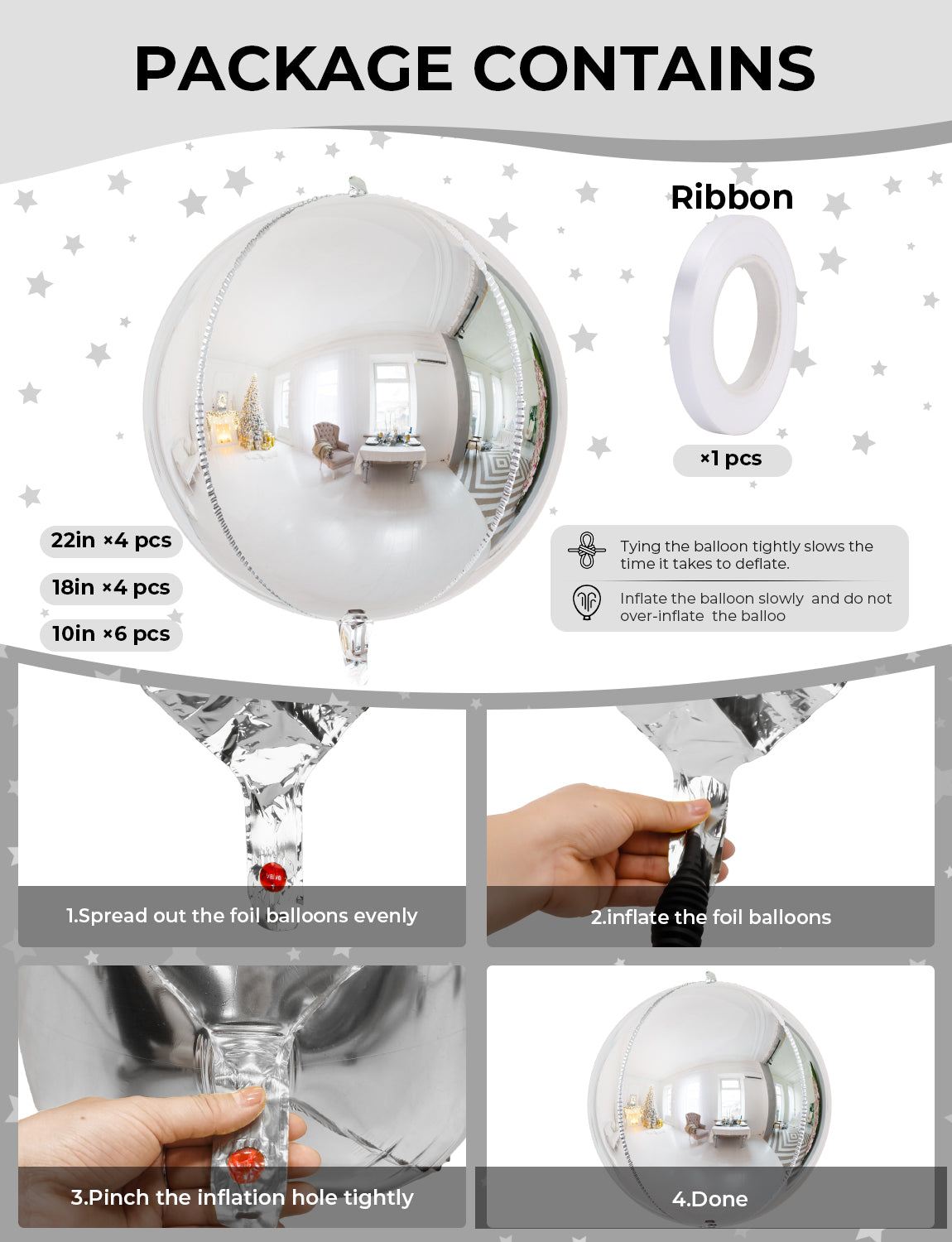 Silver Foil Balloons, 22" 18" 10" 4D Metallic Silver Balloons,14 Pcs Round Mylar Ball Balloons, Different Sizes Mirror Foil Balloon for Birthday Graduation Wedding Disco Party Decorations