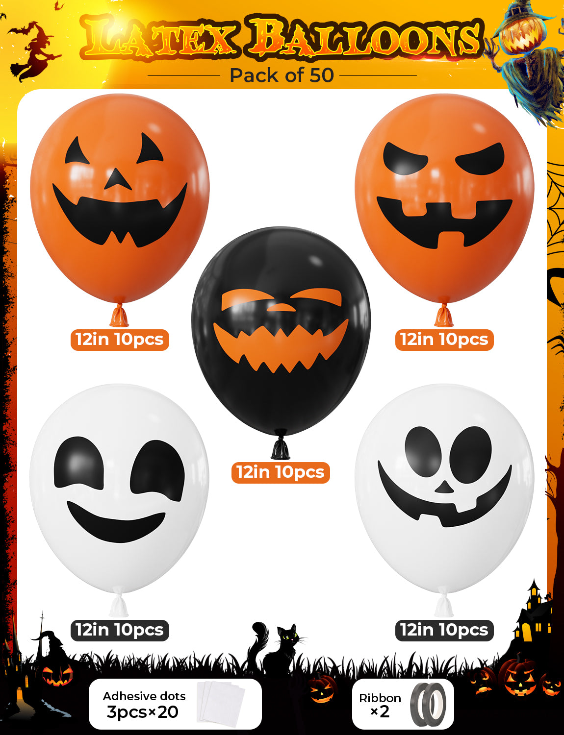 Halloween Balloons, 50 Pcs 12 Inch Pumpkin Ghost Print Balloons 5 Styles Halloween Latex Balloons, Black Orange White Balloons, Halloween Decorations for Spooky Horror Scary Parties