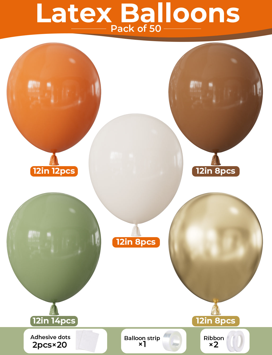 Fall Balloons, Sage Green and Orange for Thanksgiving Harvest Decor | 50 PCS 12 Inch Sage Green Balloons with Burnt Orange, Beige, Brown, Gold for Autumn Birthday Jungle Safari Party Decorations