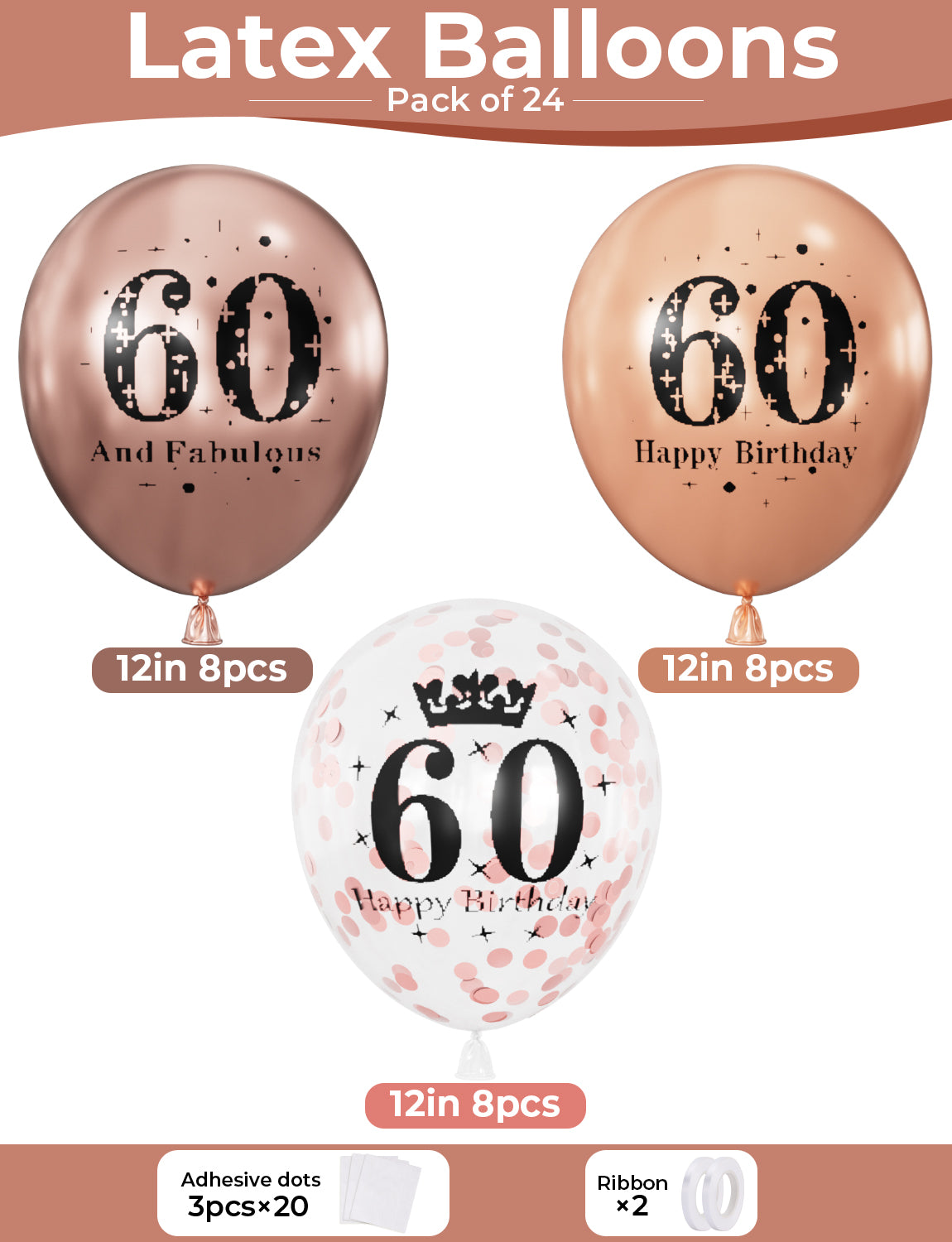 Adeyoo 24Pcs 60th Birthday Balloons Decorations for Women - 12Inch Fabulous Rose Gold Latex Confetti Balloons, Happy 60th Birthday Decorations for Women, Anniversary Celebration Party Supplies