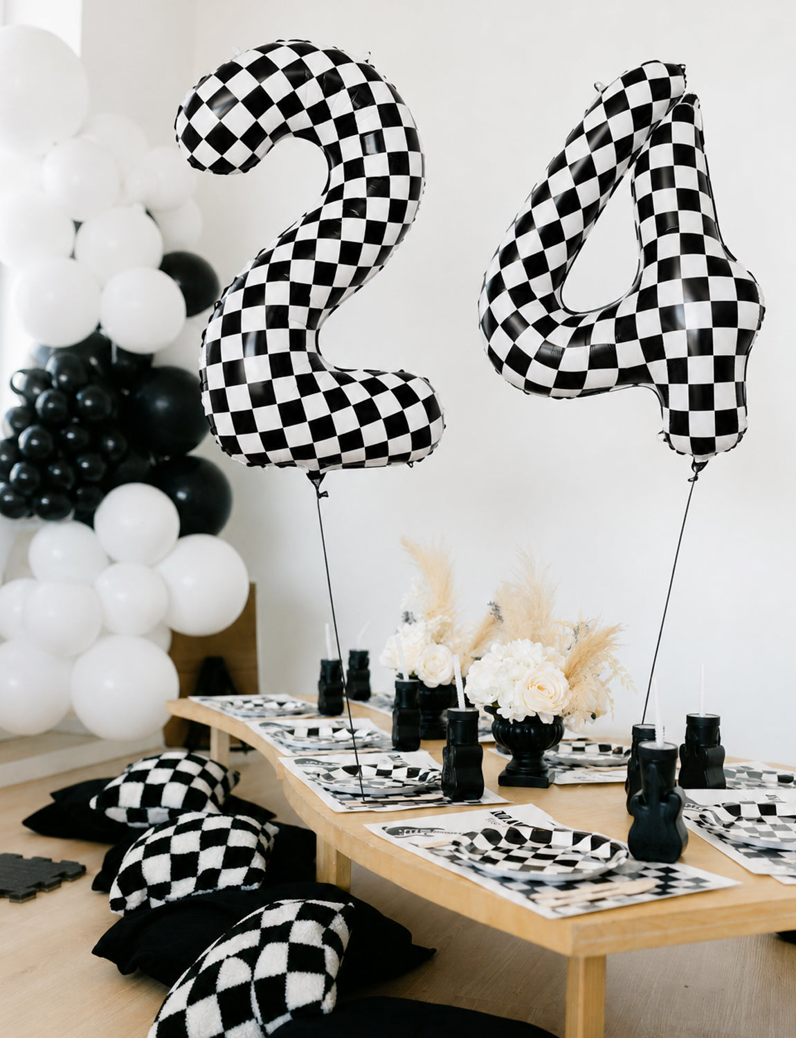 40 Inch Checkered Number 4 Balloon for Racing Birthday Decorations Large Number 4 Balloon, Black and White Foil Balloon for Birthday, Baby Shower, Race Car and Checkered Flag Party Decorations