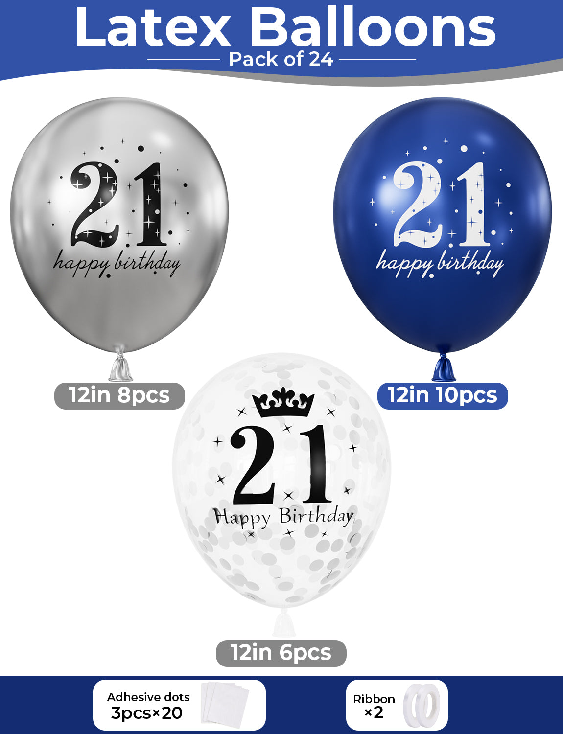 21st Birthday Balloons - 24Pcs Blue and Silver Balloons for birthday 12 Inch Happy Birthday Balloons, Navy Blue and Silver Confetti Balloons for Boys & Girls, 21st Birthday Party Decorations