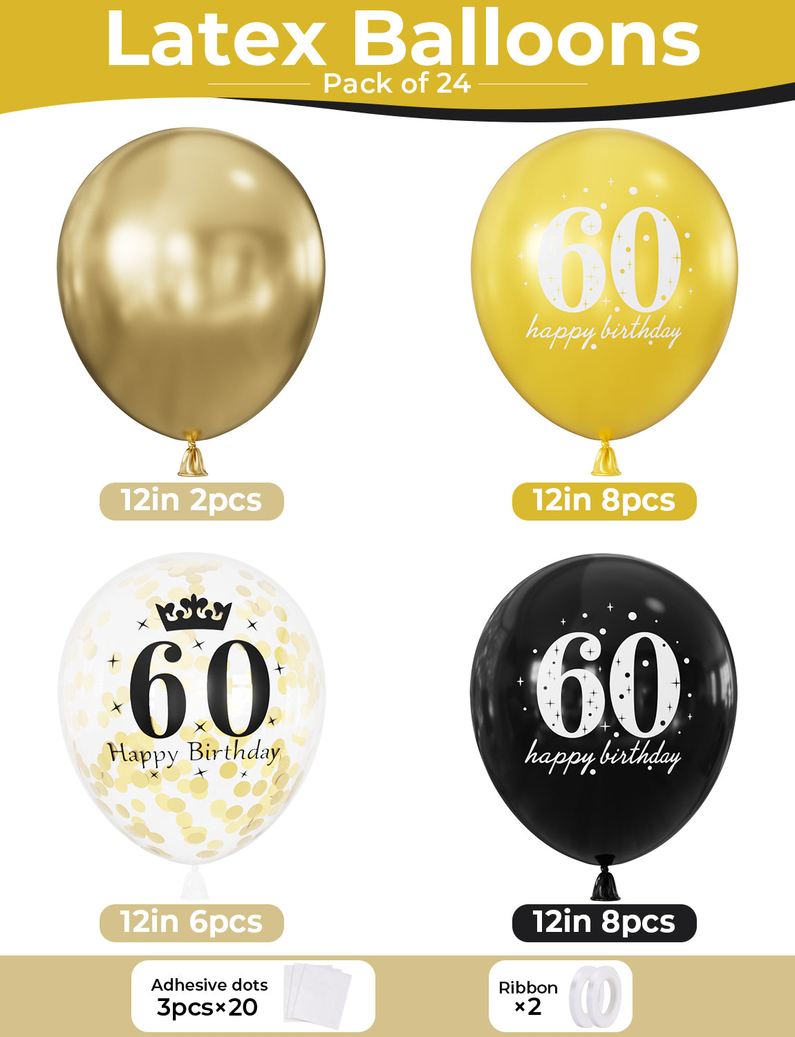 60th Birthday Balloons, 24 Pcs Black Gold Balloons for Men & Women 12 Inch Black and Gold Birthday Balloons, Gold Confetti Latex Balloons, 60th Birthday Decorations for Him & Her