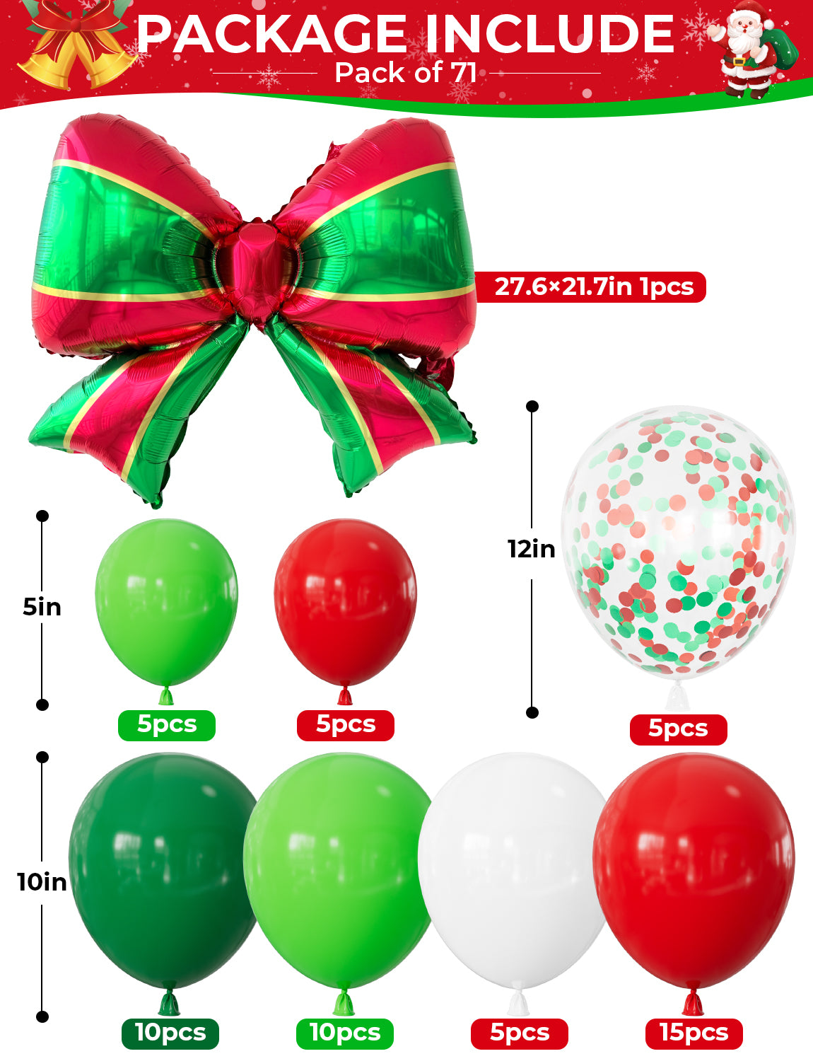 Adeyoo Christmas Balloon Arch Kit Garland - Xmas Balloons with Red Green Balloon, Large Bow, Candy Cane, Merry Christmas Foil Balloons for Birthday Xmas Party Decorations, Indoors Outdoor