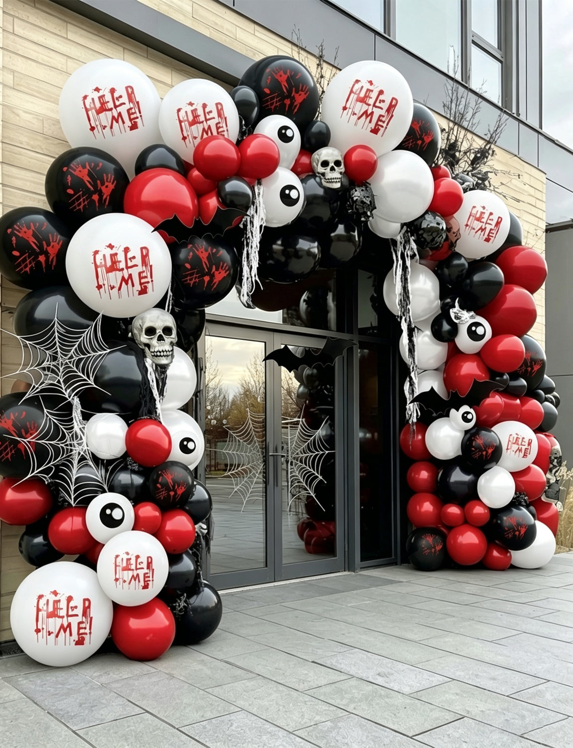 Halloween Balloon Garland Arch Kit, Bloody Black Red White Balloons 130 Pcs Halloween Balloon with Spider Web and 3D Bat Stickers for Horror Party, Haunted House, Birthday and Photo Booth Decor