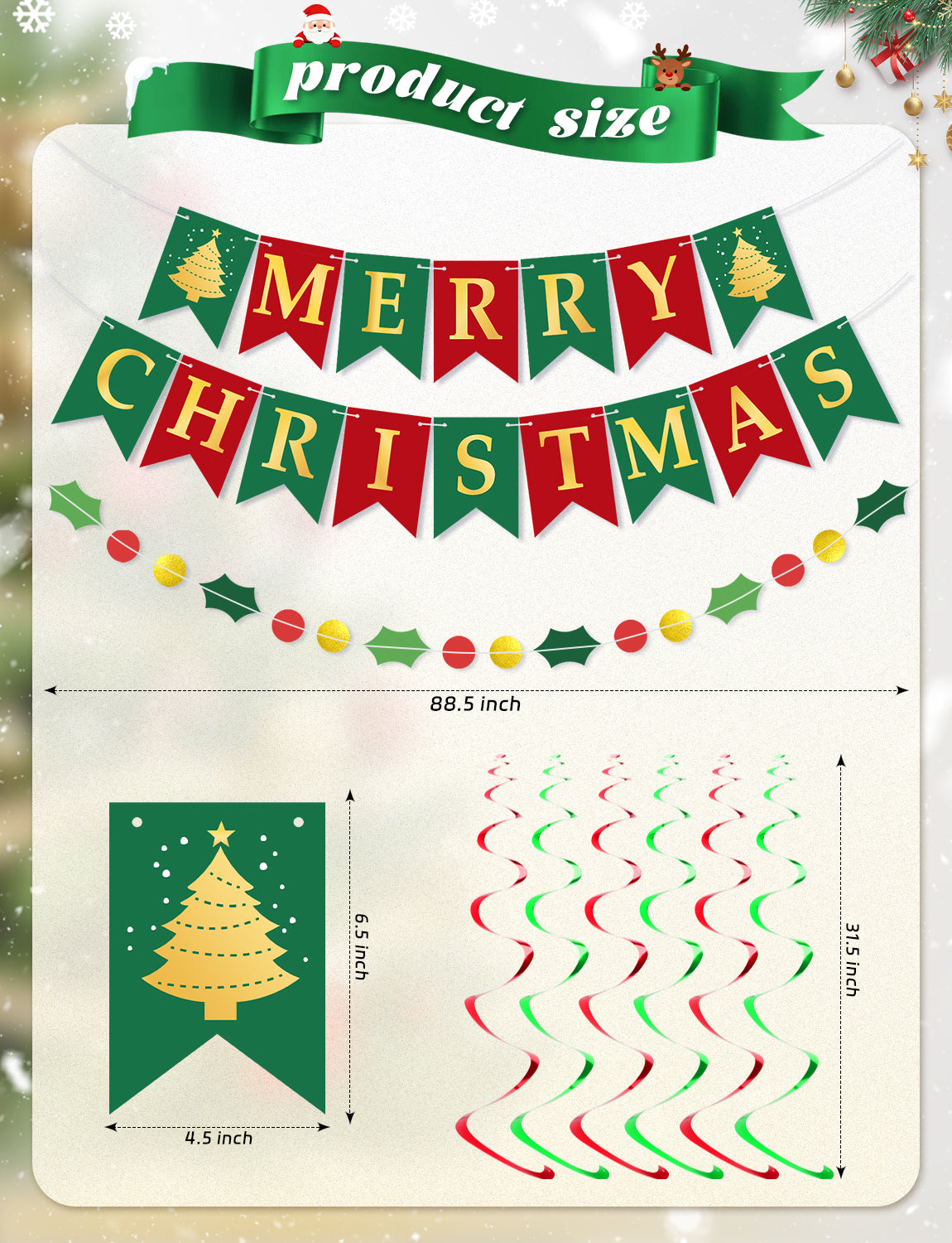 Adeyoo Christmas Decorations, 18Pcs Merry Christmas Paper Decoration Banner Honeycomb Ball, Paper Fan, Snowflakes, Swirls and Merry Christmas Banner, Christmas Ceiling Decorations for Indoor Xmas Party