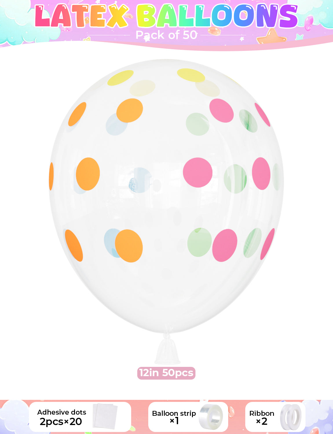 Polka Dot Balloons, 50 Pcs Clear Balloons with Rainbow Print Dot 12 Inch Colourful Polka Dots Balloons, Multicoloured Print Dots Balloons for Rainbow Birthday Engagement Wedding Bridal Party